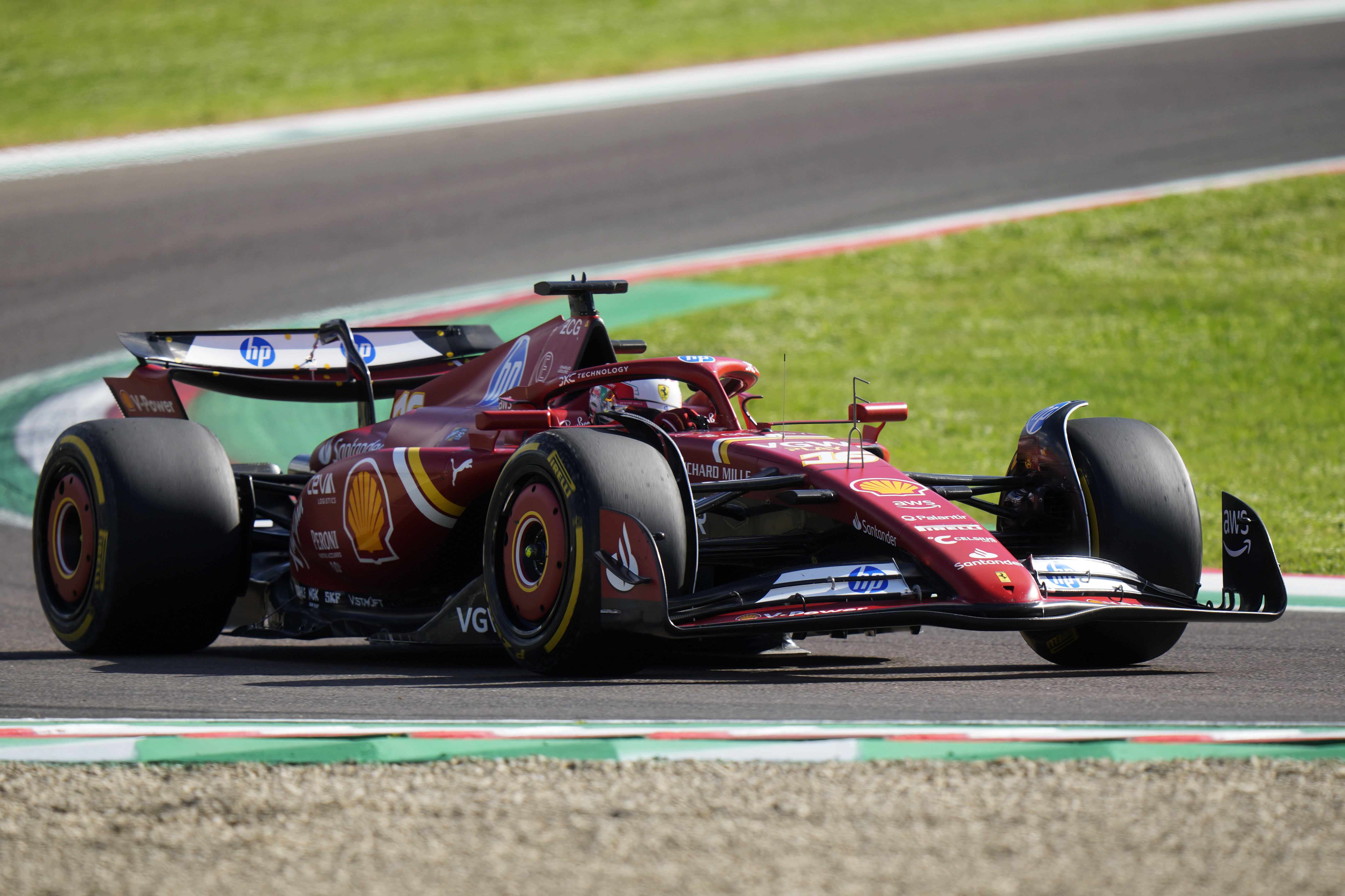 Ferrari driver Charles Leclerc of Monaco steers is car during second free practice at the Dino and Enzo Ferrari racetrack, in Imola, Italy, Friday, May 17, 2024. The Italy's Emilia Romagna Formula One Grand Prix will be held on Sunday. (AP Photo/Luca Bruno)    Associated Press / LaPresse Only italy and Spain