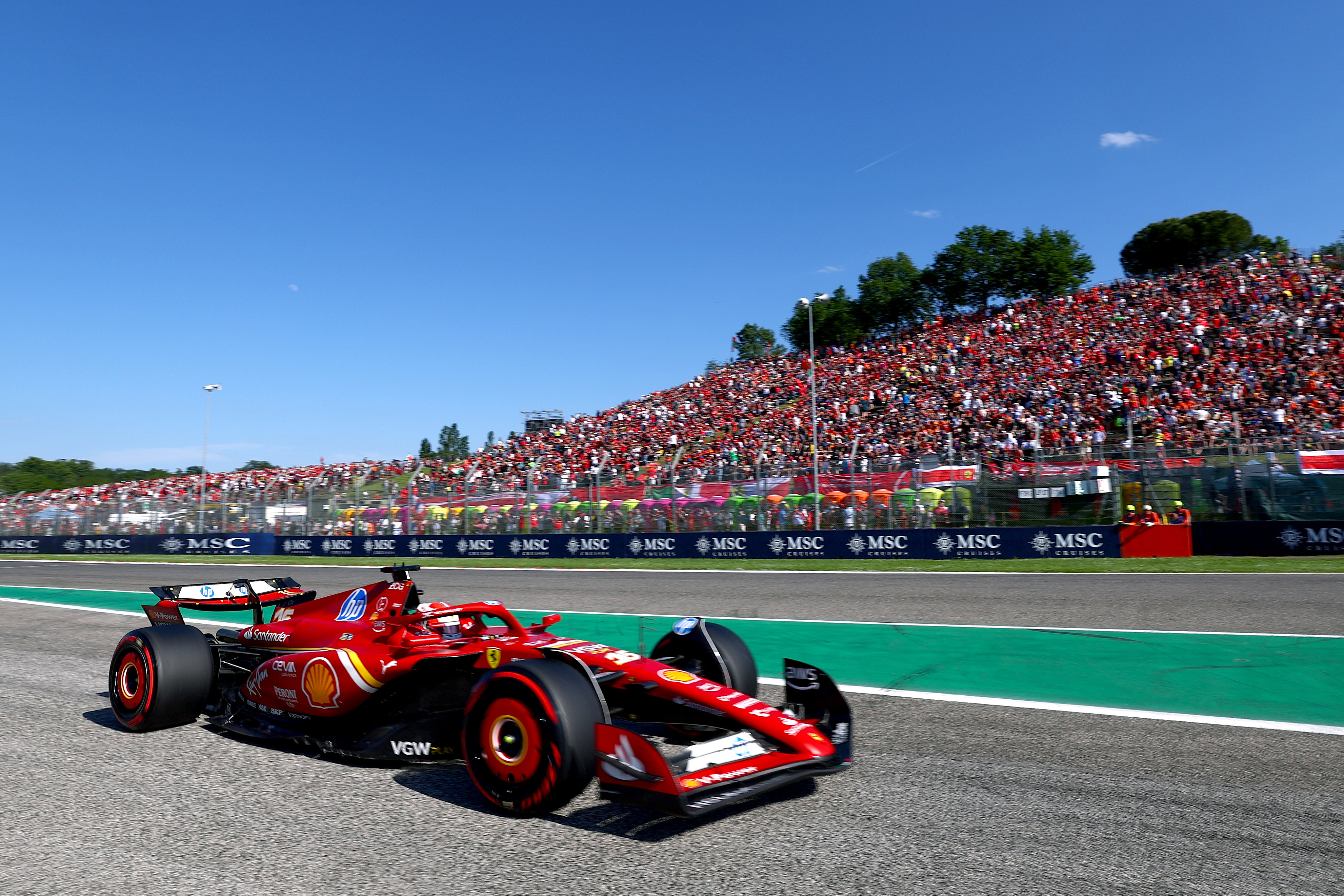 IMOLA, ITALY - MAY 18: Charles Leclerc of Monaco driving the (16) Ferrari SF-24 on track during qualifying ahead of the F1 Grand Prix of Emilia-Romagna at Autodromo Enzo e Dino Ferrari Circuit on May 18, 2024 in Imola, Italy. (Photo by Lars Baron/Getty Images)