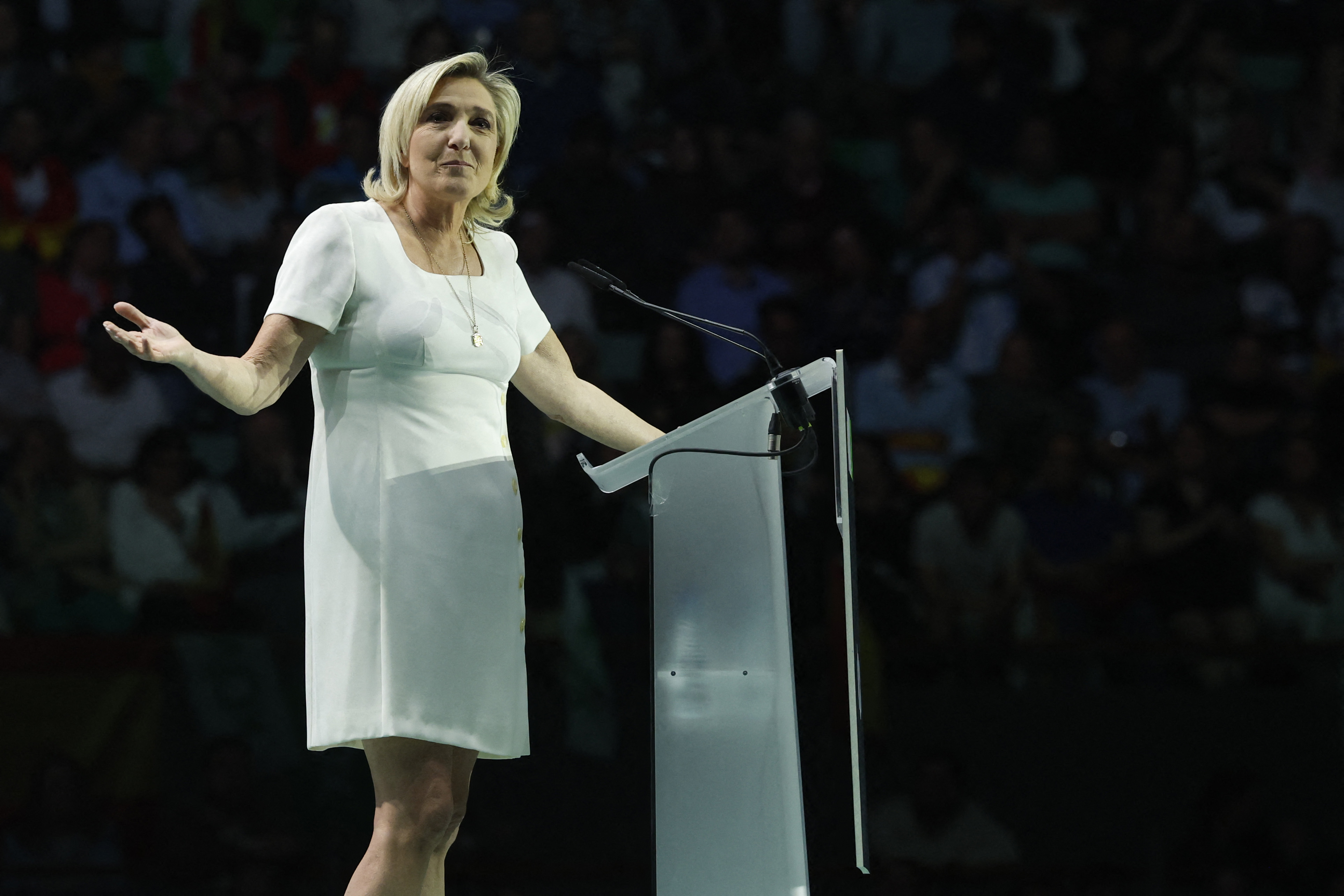 French far-right Rassemblement National (RN) leader Marine Le Pen takes part in the Spanish far-right wing party Vox's rally "Europa Viva 24" in Madrid on May 19, 2024. Argentina's president Javier Milei is scheduled to take part in the gathering of Spanish far-right party Vox alongside other hard-right leaders such as France's Marine Le Pen. (Photo by OSCAR DEL POZO / AFP)