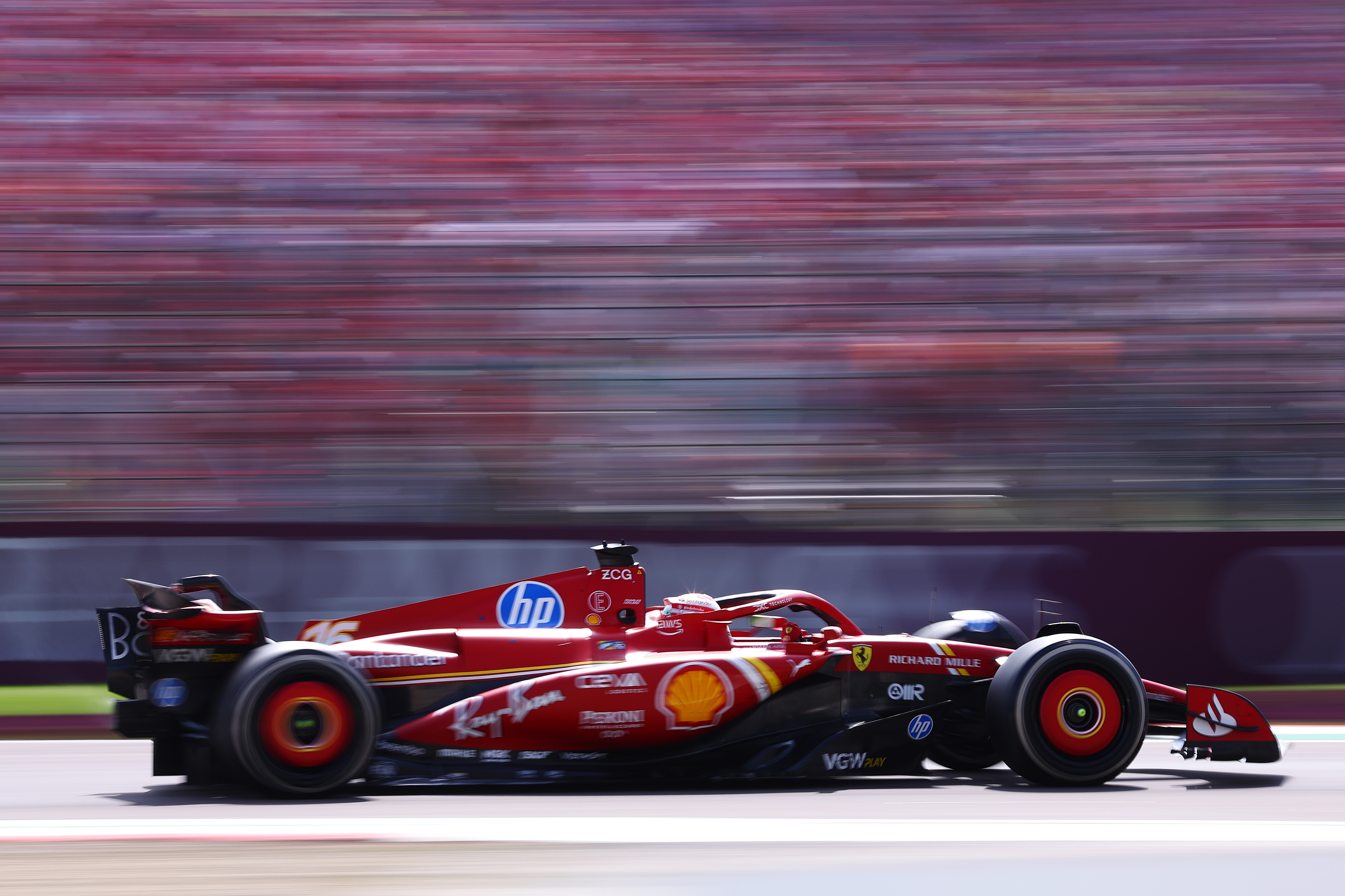 IMOLA, ITALY - MAY 19: Charles Leclerc of Monaco driving the (16) Ferrari SF-24 on track during the F1 Grand Prix of Emilia-Romagna at Autodromo Enzo e Dino Ferrari Circuit on May 19, 2024 in Imola, Italy. (Photo by Lars Baron/Getty Images)