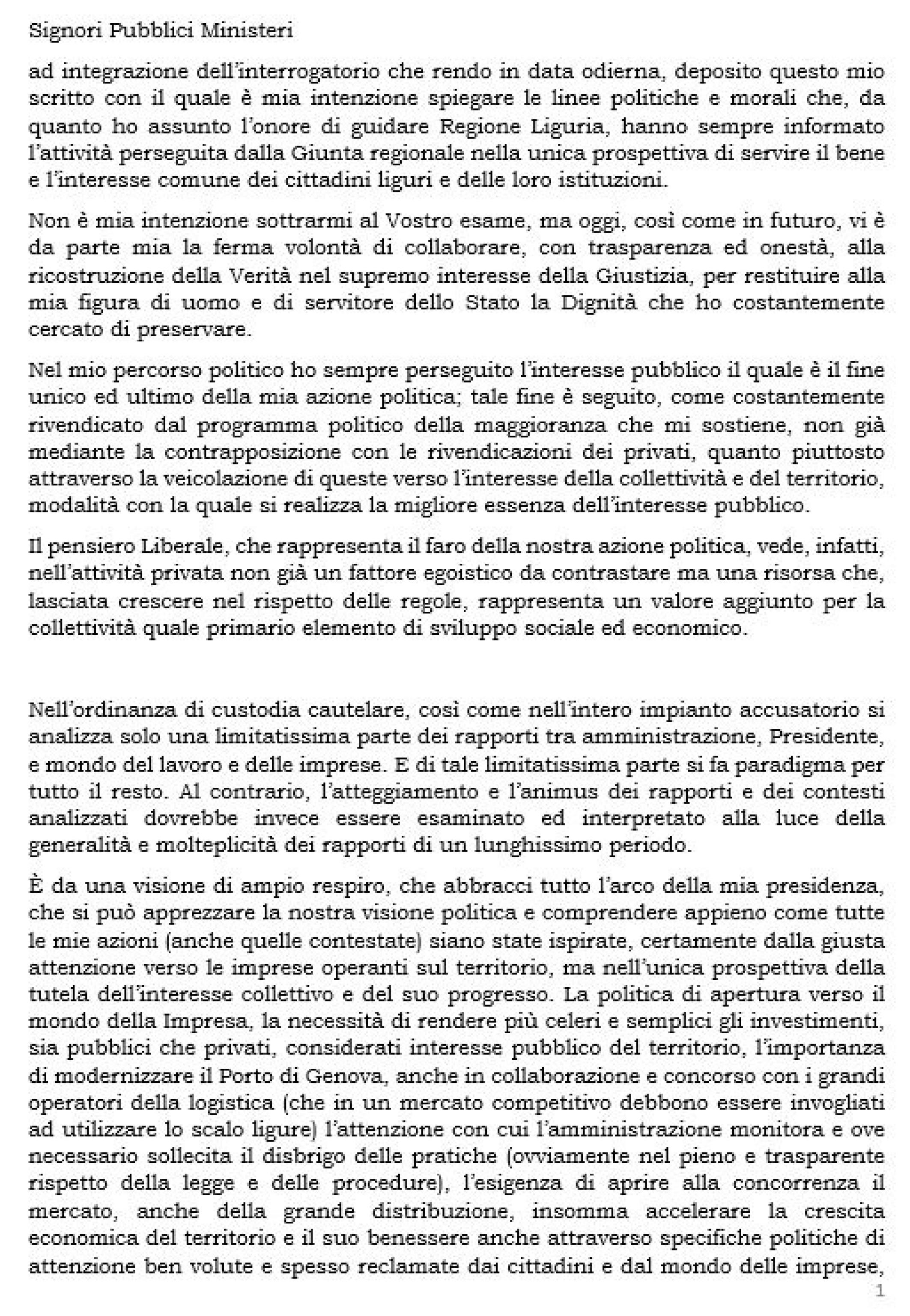 Una pagina della memoria consegnata ai pubblici ministeri al termine dell'interrogatorio tenuto nella caserma della Gdf. Genova 23 maggio 2024 ANSA