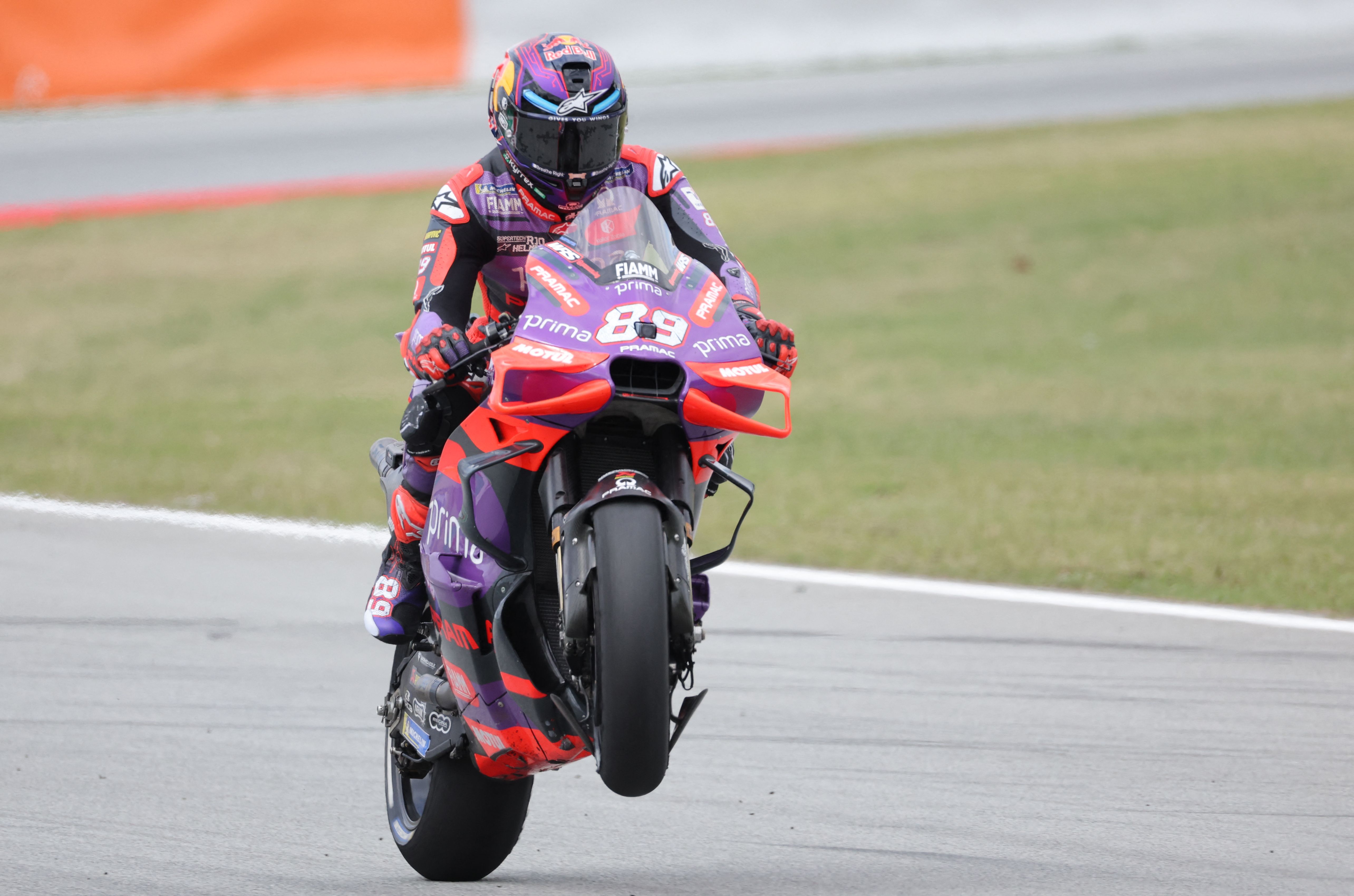 Ducati Spanish rider Jorge Martin competes during the first MotoGP free practice session of the Moto Grand Prix of Catalonia at the Circuit de Catalunya on May 24, 2024 in Montmelo on the outskirts of Barcelona. (Photo by LLUIS GENE / AFP)