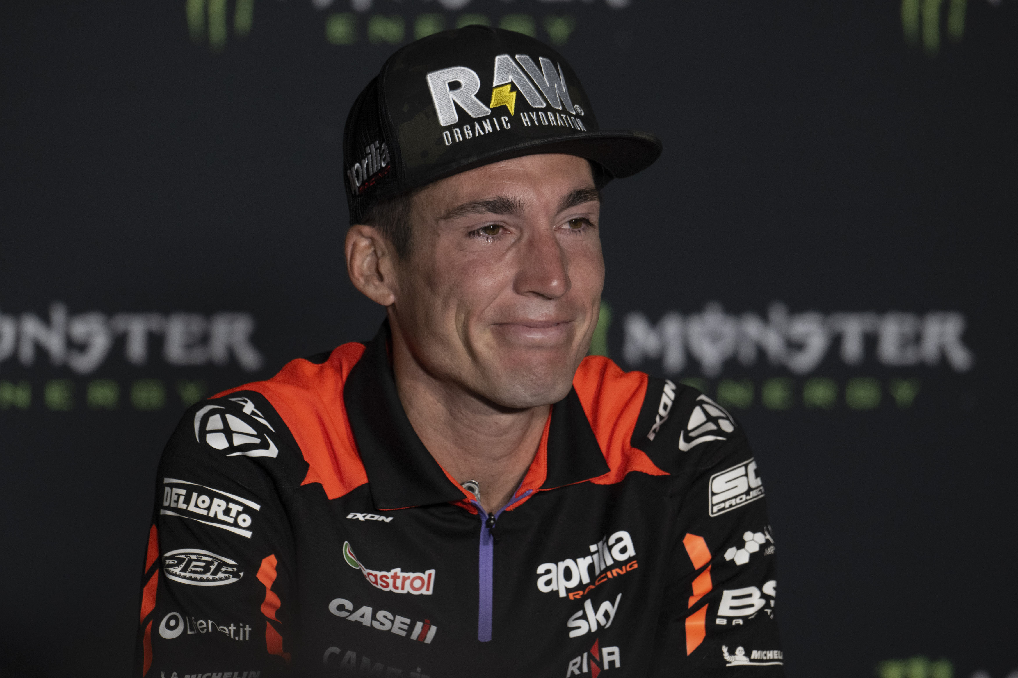 BARCELONA, SPAIN - MAY 23: Aleix Espargaro of Spain and Aprilia Racing speaks during the Exceptional Press Conference in media center during the MotoGP Of Catalunya - Previews at Circuit de Barcelona-Catalunya on May 23, 2024 in Barcelona, Spain. (Photo by Mirco Lazzari gp/Getty Images)