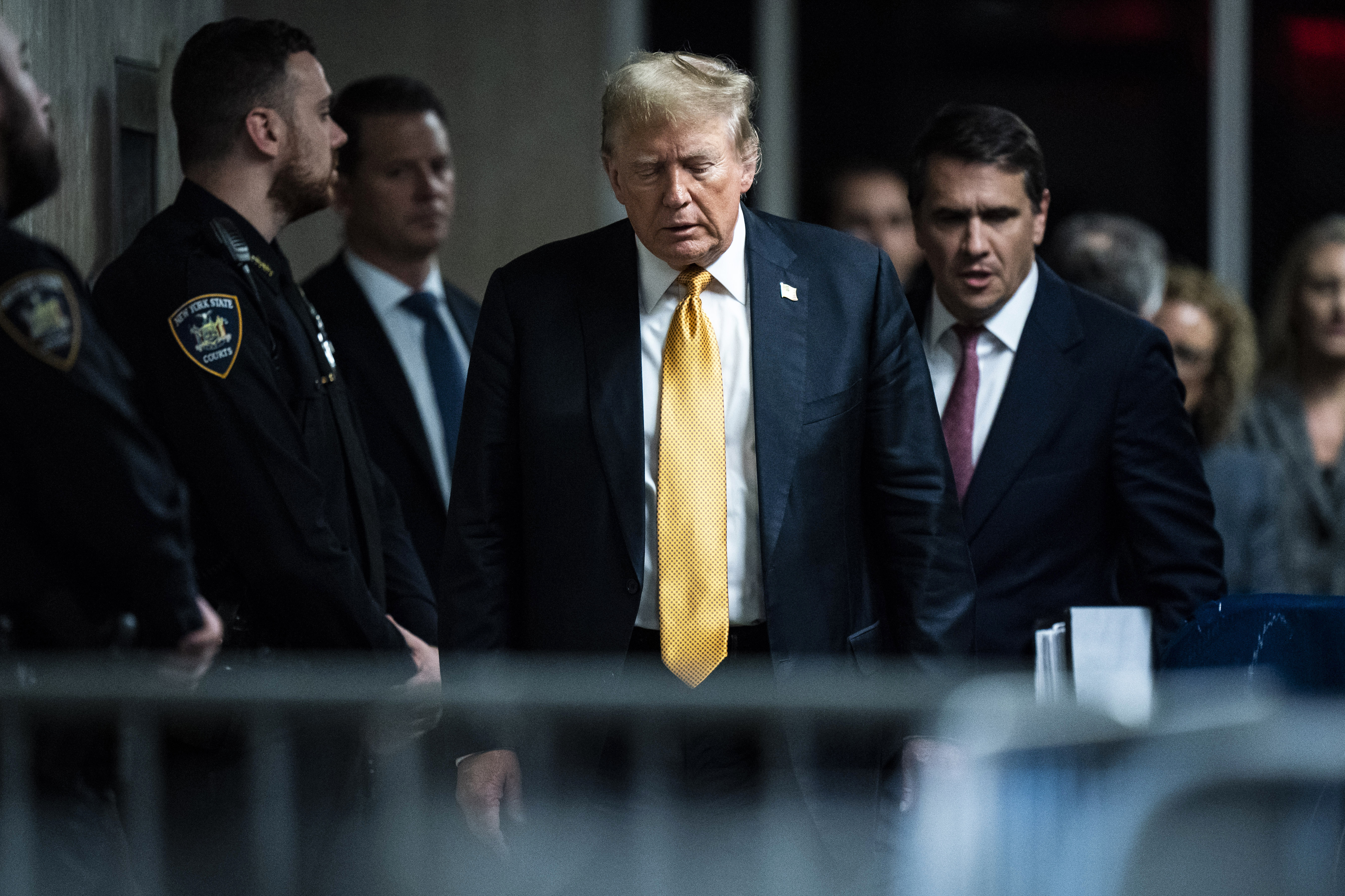 Former President Donald Trump walks out to speak to reporters as jurors begin deliberations for his trial at the Manhattan criminal court, Wednesday, May 29, 2024, in New York. (Jabin Botsford/The Washington Post via AP, Pool)