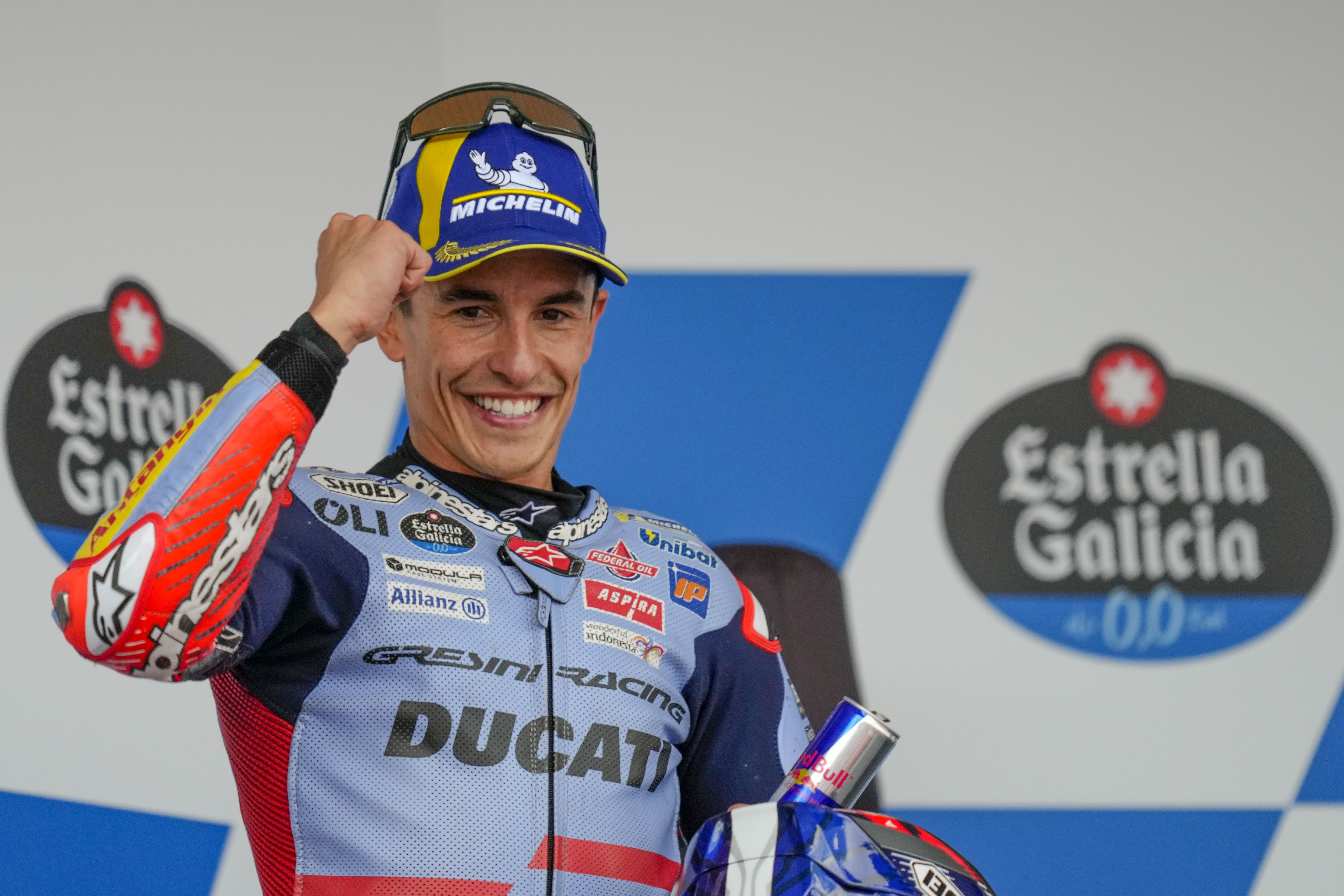 Second placed Spain's rider Marc Marquez of the Gresini Racing MotoGP celebrates after the MotoGP race of the Spanish Motorcycle Grand Prix at the Angel Nieto racetrack in Jerez de la Frontera, Spain, Sunday, April 28, 2024. (AP Photo/Jose Breton)