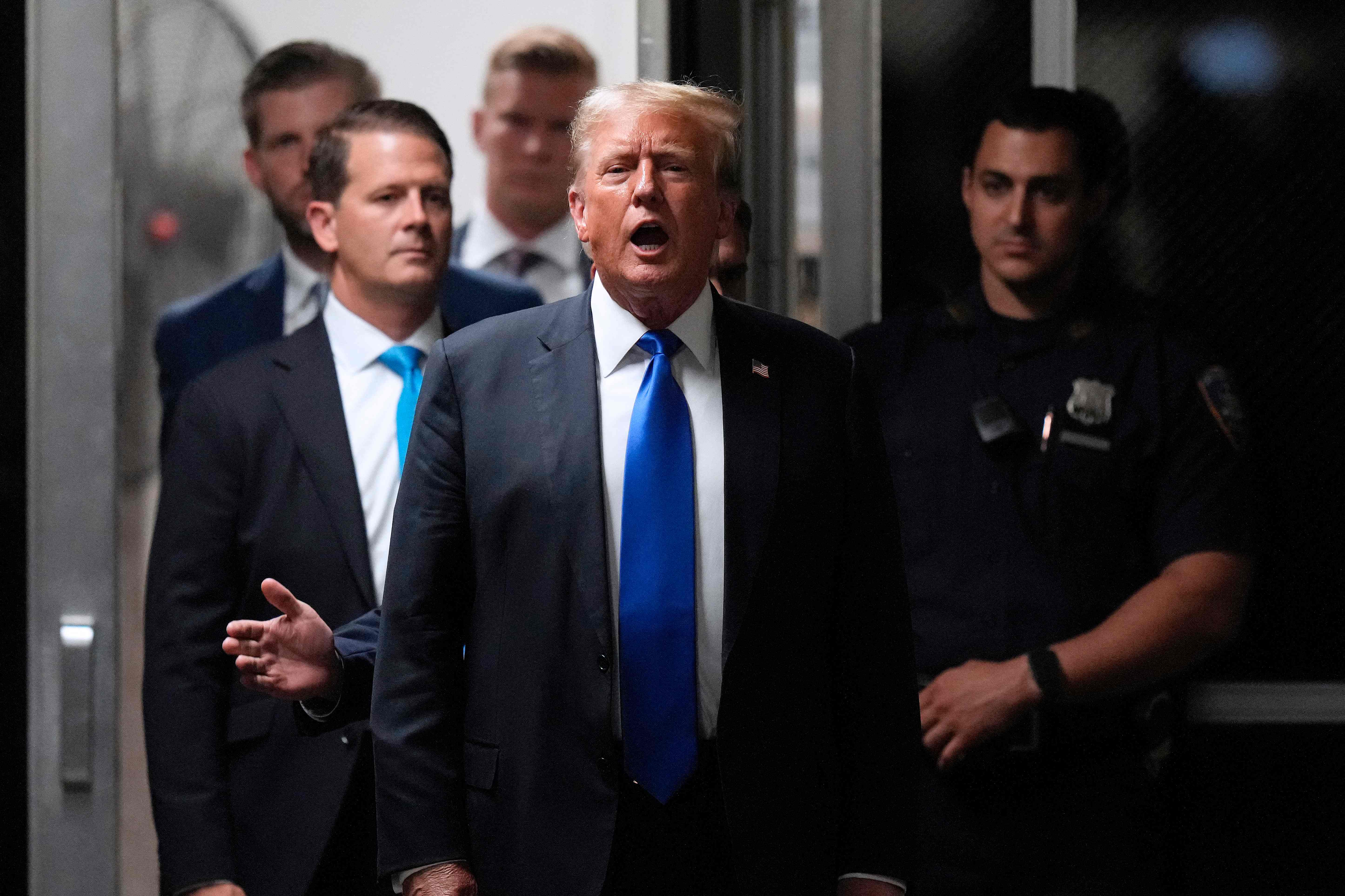 Former US President and Republican presidential candidate Donald Trump speaks to the media during his criminal trial at Manhattan Criminal Court in New York City, on May 30, 2024. Jurors return May 30, 2024 to a second day of deliberations in Donald Trump's criminal trial, leaving the Republican presidential candidate and the country waiting for a decision that could upend November's election. (Photo by Seth Wenig / POOL / AFP)