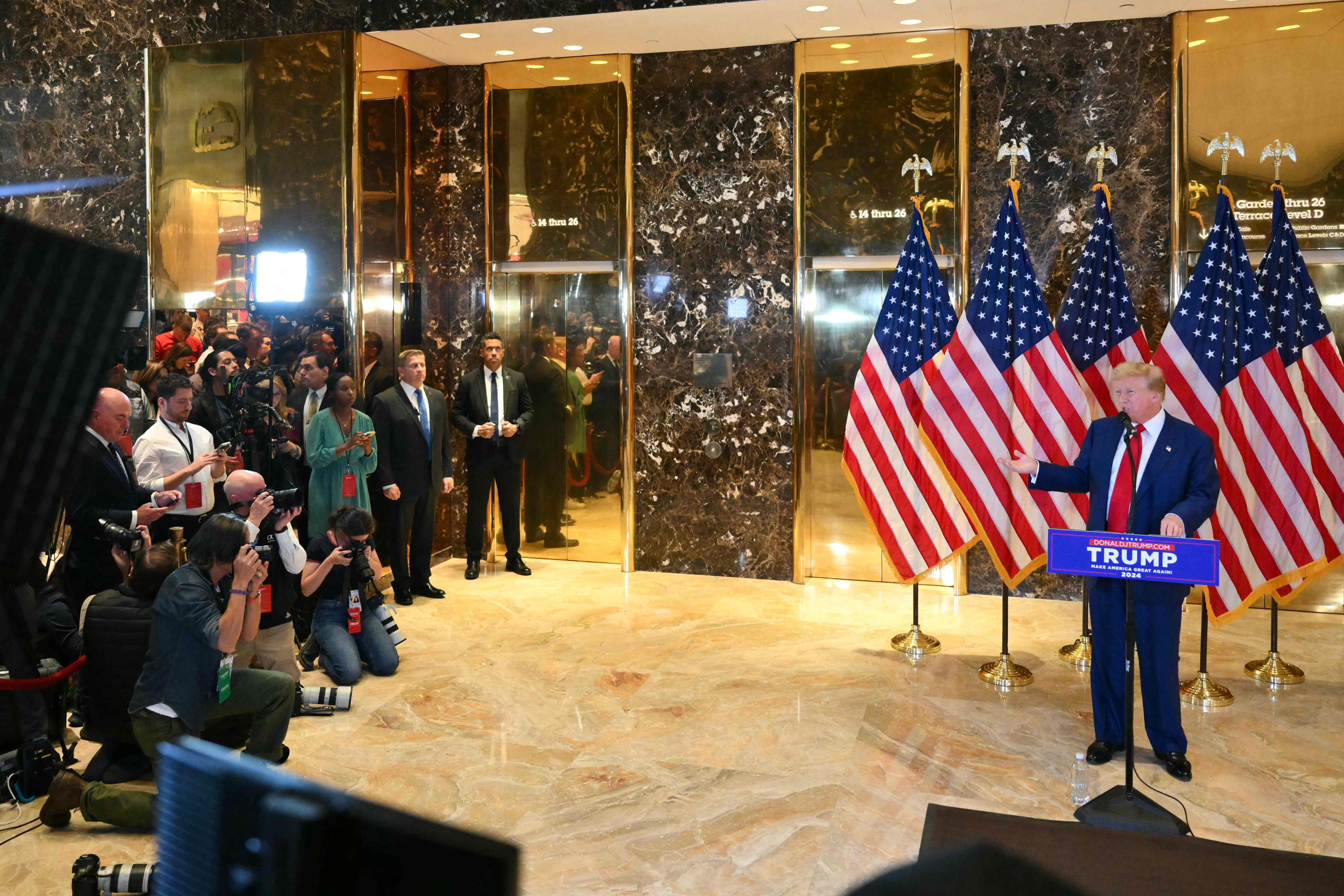 Former US President and Republican presidential candidate Donald Trump speaks during a press conference after being found guilty over hush-money charges at Trump Tower in New York City on May 31, 2024. Donald Trump became the first former US president ever convicted of a crime after a New York jury found him guilty on all charges in his hush money case, months before an election that could see him yet return to the White House. (Photo by ANGELA WEISS / AFP)