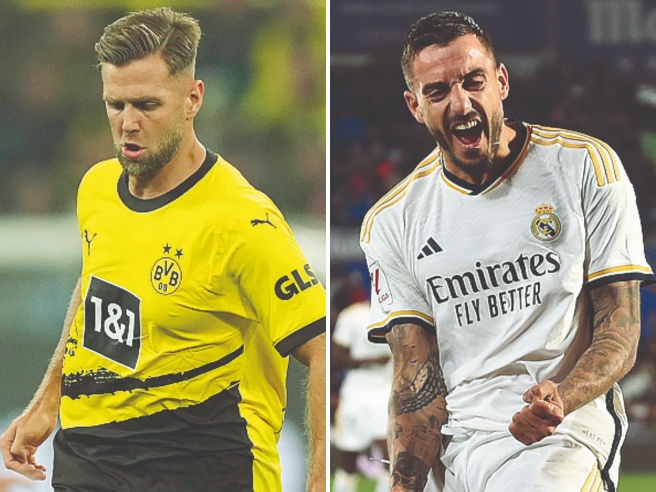A sinistra, Niclas Fullkrug, 31 anni,  del Borussia Dortmund e, a destra,  Joselu, 34 anni, del Real Madrid (LaPresse,  Getty Images)