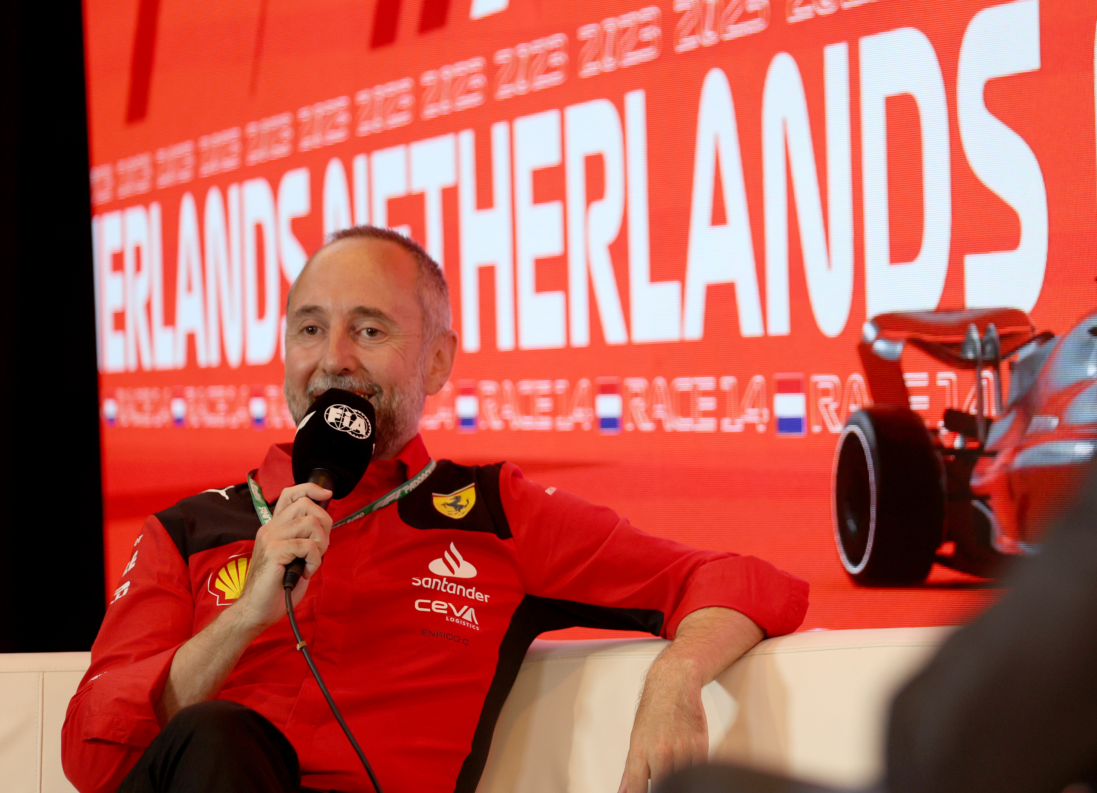 ZANDVOORT, NETHERLANDS - AUGUST 25: Enrico Cardile, Head of Chassis Area at Ferrari, attends the Team Principals Press Conference during practice ahead of the F1 Grand Prix of The Netherlands at Circuit Zandvoort on August 25, 2023 in Zandvoort, Netherlands. (Photo by Dean Mouhtaropoulos/Getty Images)