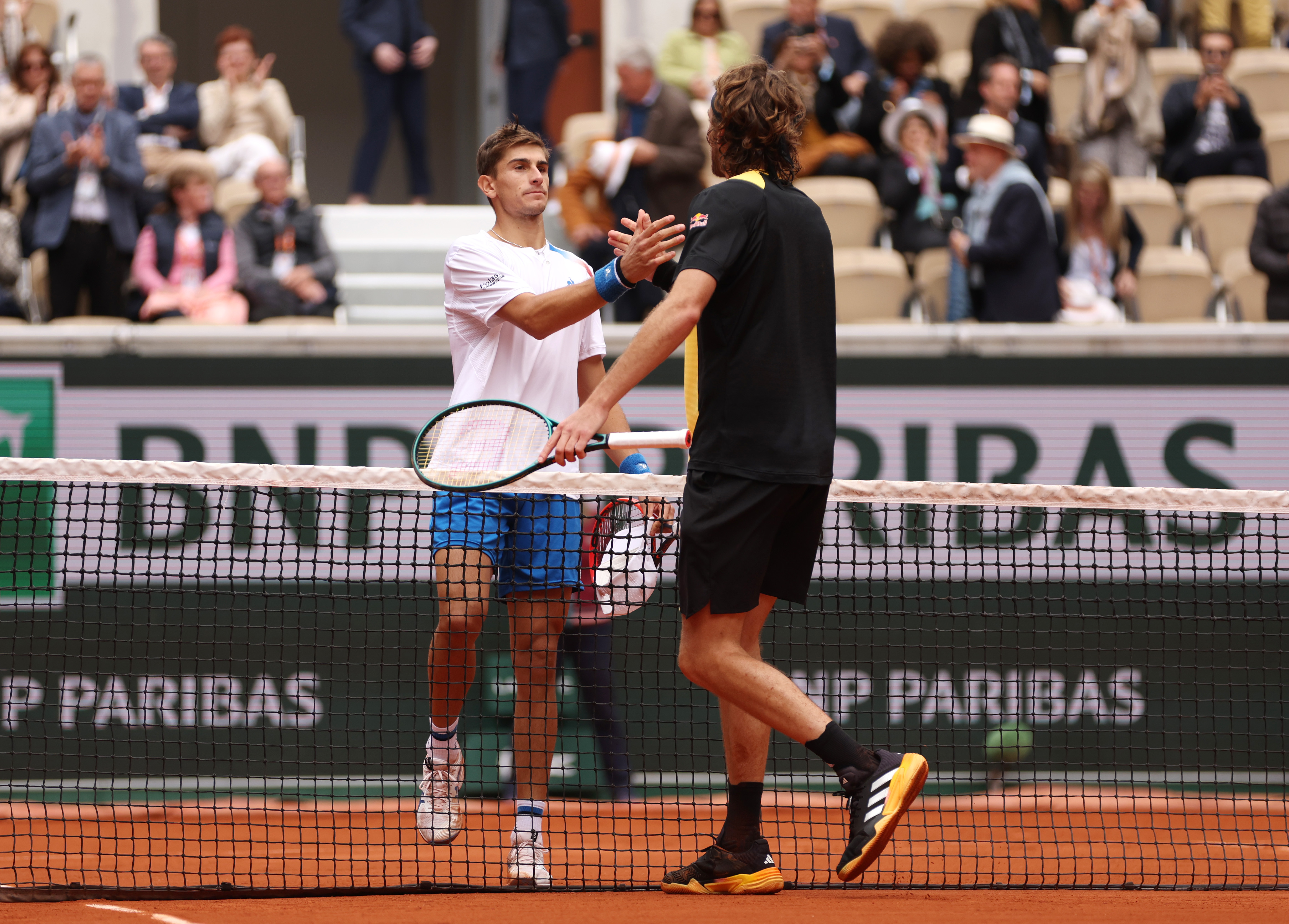 PARIS, FRANCE - JUNE 02: Stefanos Tsitsipas of Greece celebrates his victory against Matteo Arnaldi of Italy in the Men's Singles fourth round match during Day Eight of the 2024 French Open at Roland Garros on June 02, 2024 in Paris, France. (Photo by Clive Brunskill/Getty Images)