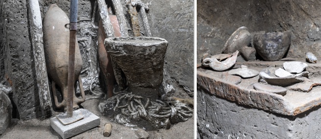 Scavi di Pompei, gli attrezzi di un carpentiere in un ambiente servile della villa di Civita Giuliana