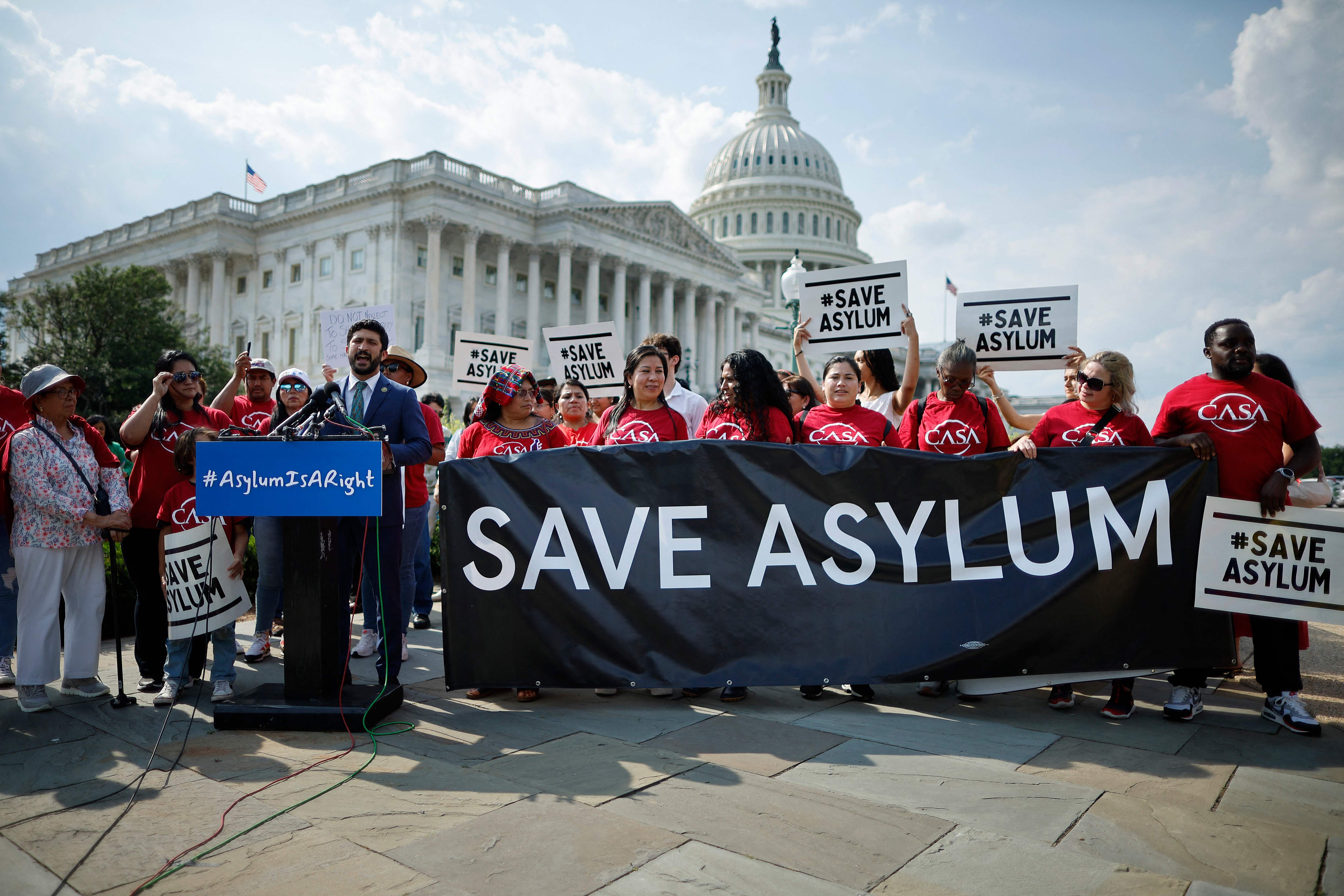 WASHINGTON, DC - JUNE 04: Rep. Greg Casar (D-TX) joins fellow Democratic members of the House of Representatives to voice their opposition to President Joe Biden's new policy on asylum during a rally with members of CASA outside the U.S. Capitol on June 04, 2024 in Washington, DC. Biden signed the election year executive actions on Tuesday that will temporarily close most of the U.S.-Mexico border to migrants seeking asylum when crossings surge.   Chip Somodevilla/Getty Images/AFP (Photo by CHIP SOMODEVILLA / GETTY IMAGES NORTH AMERICA / Getty Images via AFP)