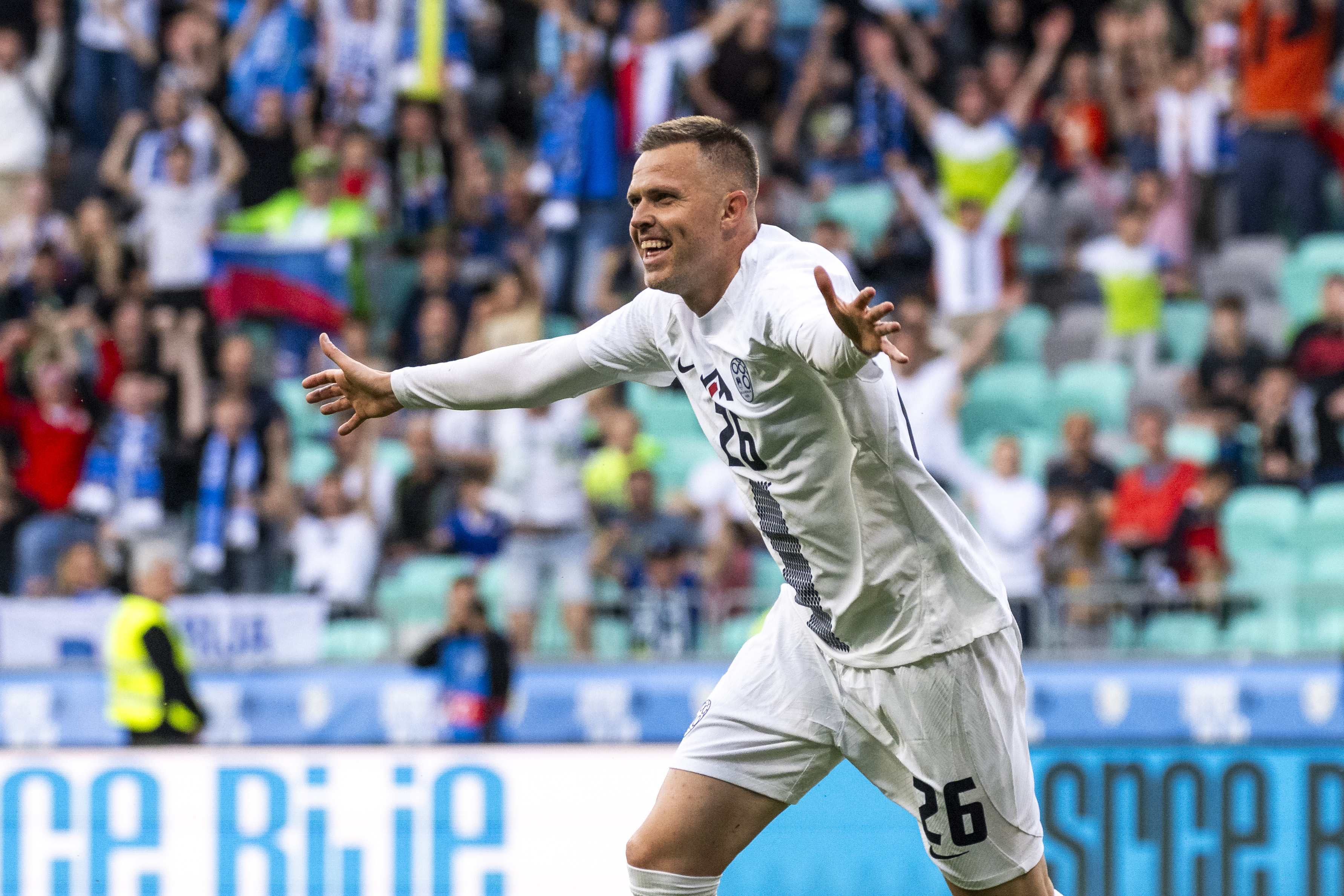 LJUBLJANA, SLOVENIA - JUNE 4: Josip Ilicic of Slovenia celebrates scoring Slovenia's second goal during international friendly match between Slovenia and Armenia at Stadion Stozice on June 4, 2024 in Ljubljana, Slovenia. (Photo by Jurij Kodrun/Getty Images)