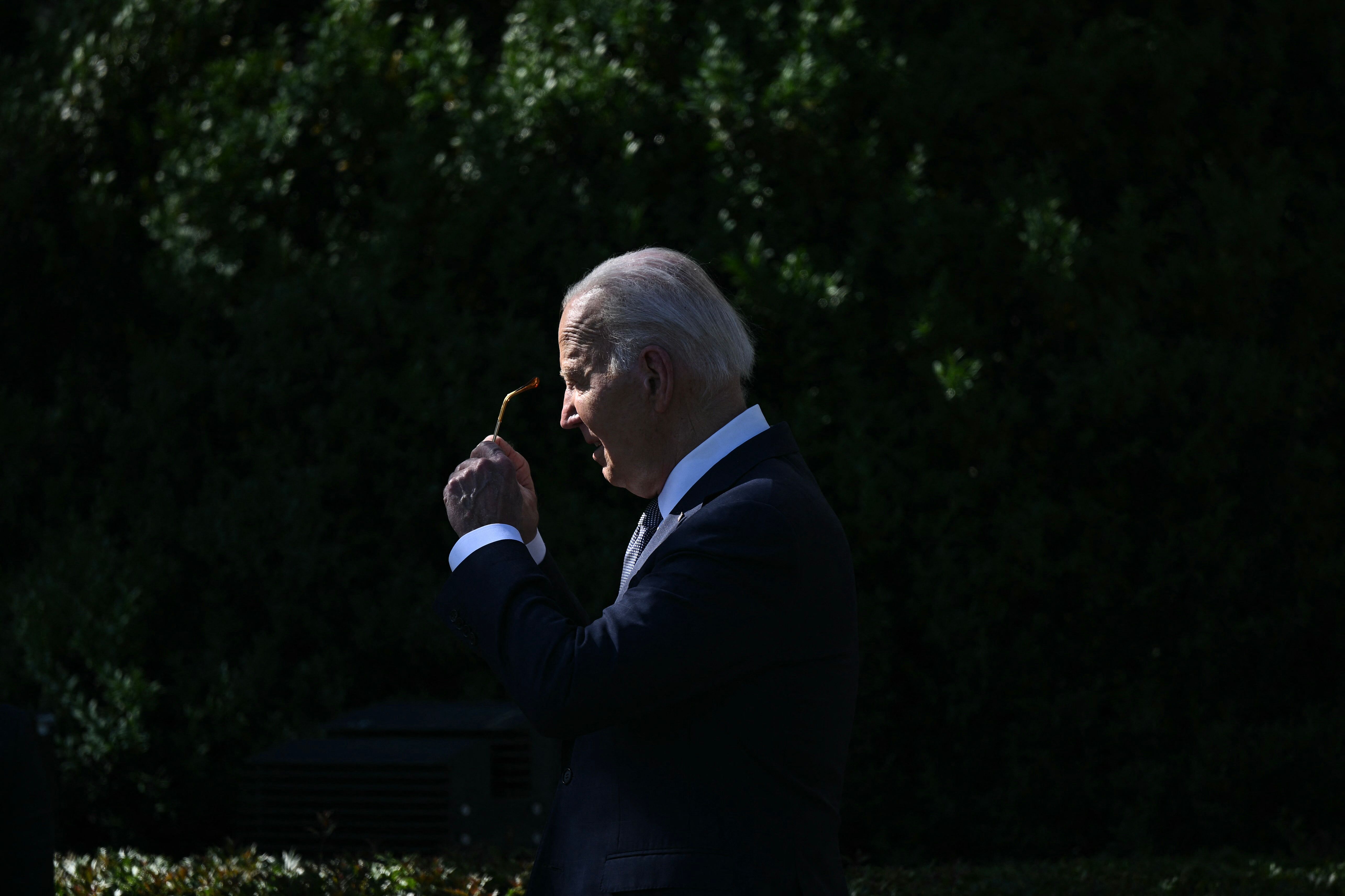 US President Joe Biden departs a celebration for the Kansas City Chiefs, 2024 Super Bowl champions, on the South Lawn of the White House in Washington, DC, on May 31, 2024. (Photo by Brendan SMIALOWSKI / AFP)