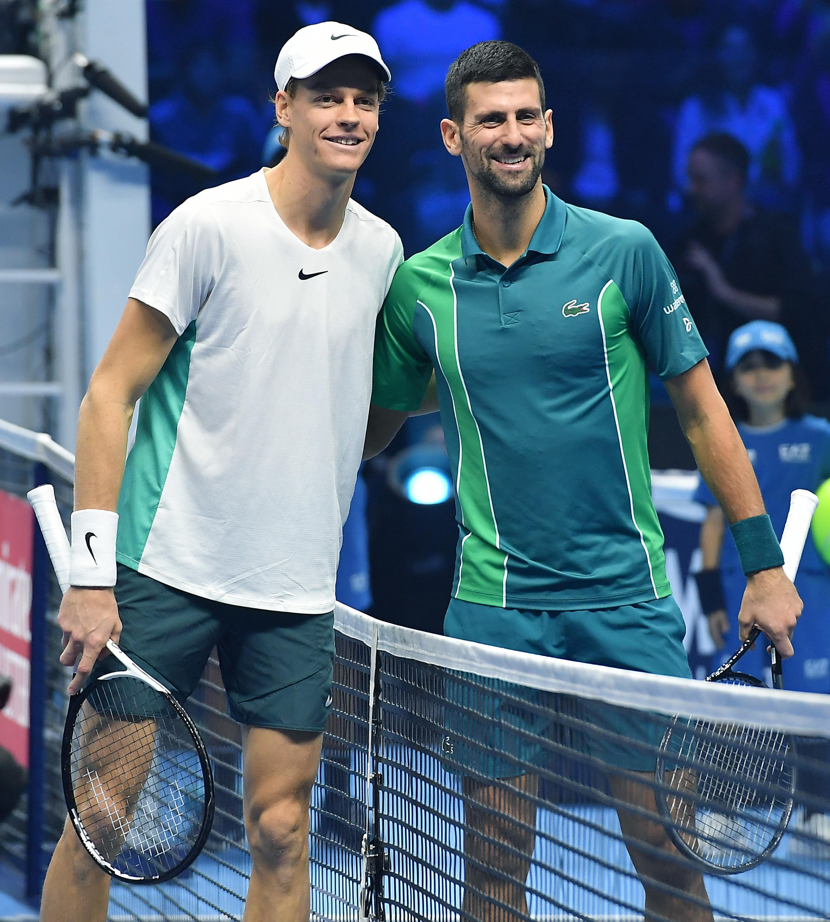 Novak Djokovic of Serbia and Jannik Sinner of Italy at the Nitto ATP Finals tennis tournament in Turin, Italy, 19 November 2023. ANSA/ALESSANDRO DI MARCO
