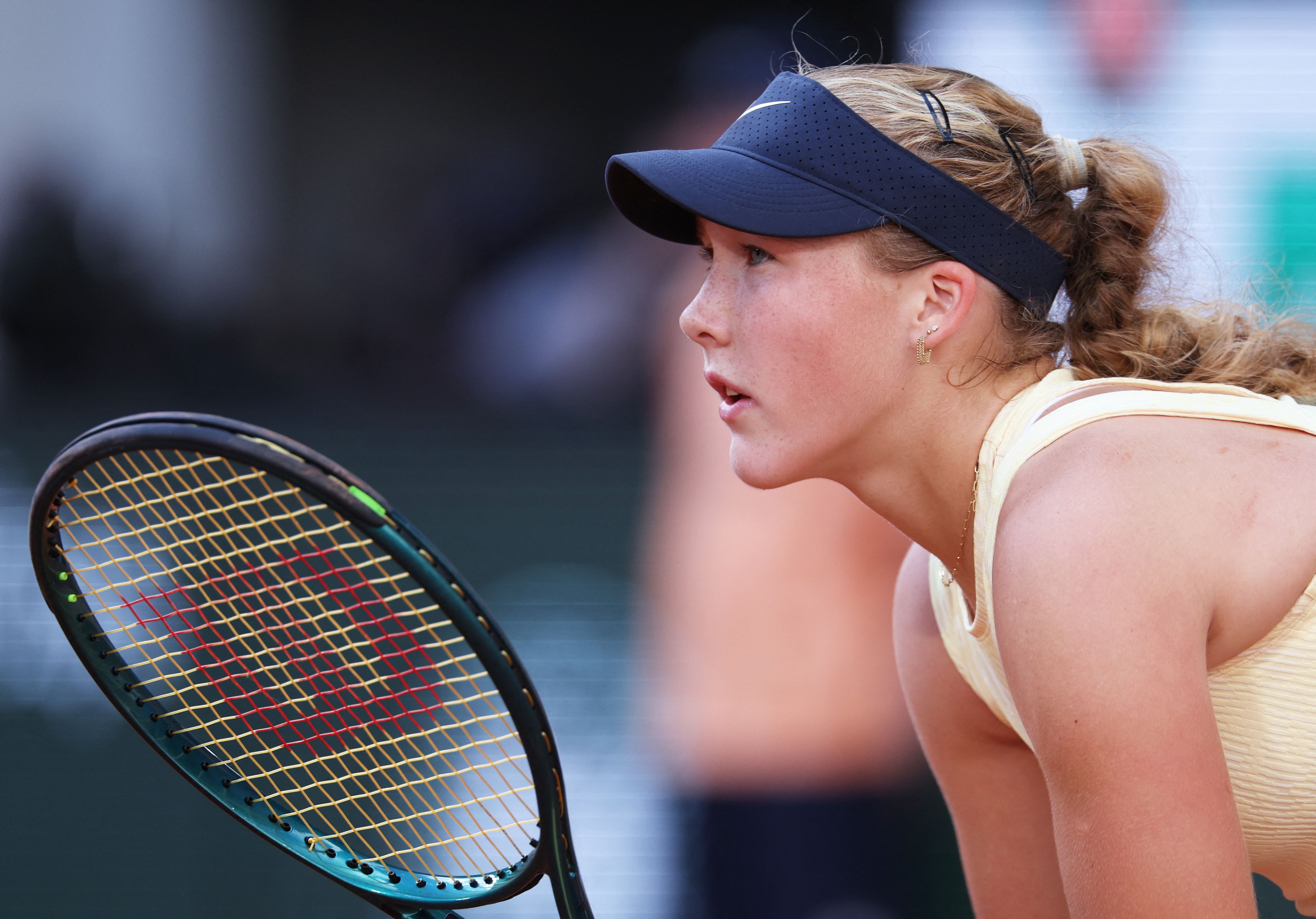 Russia's Mirra Andreeva looks on as she plays against Belarus' Aryna Sabalenka during their women's singles quarter final match on Court Philippe-Chatrier on day eleven of the French Open tennis tournament at the Roland Garros Complex in Paris on June 5, 2024. (Photo by ALAIN JOCARD / AFP)