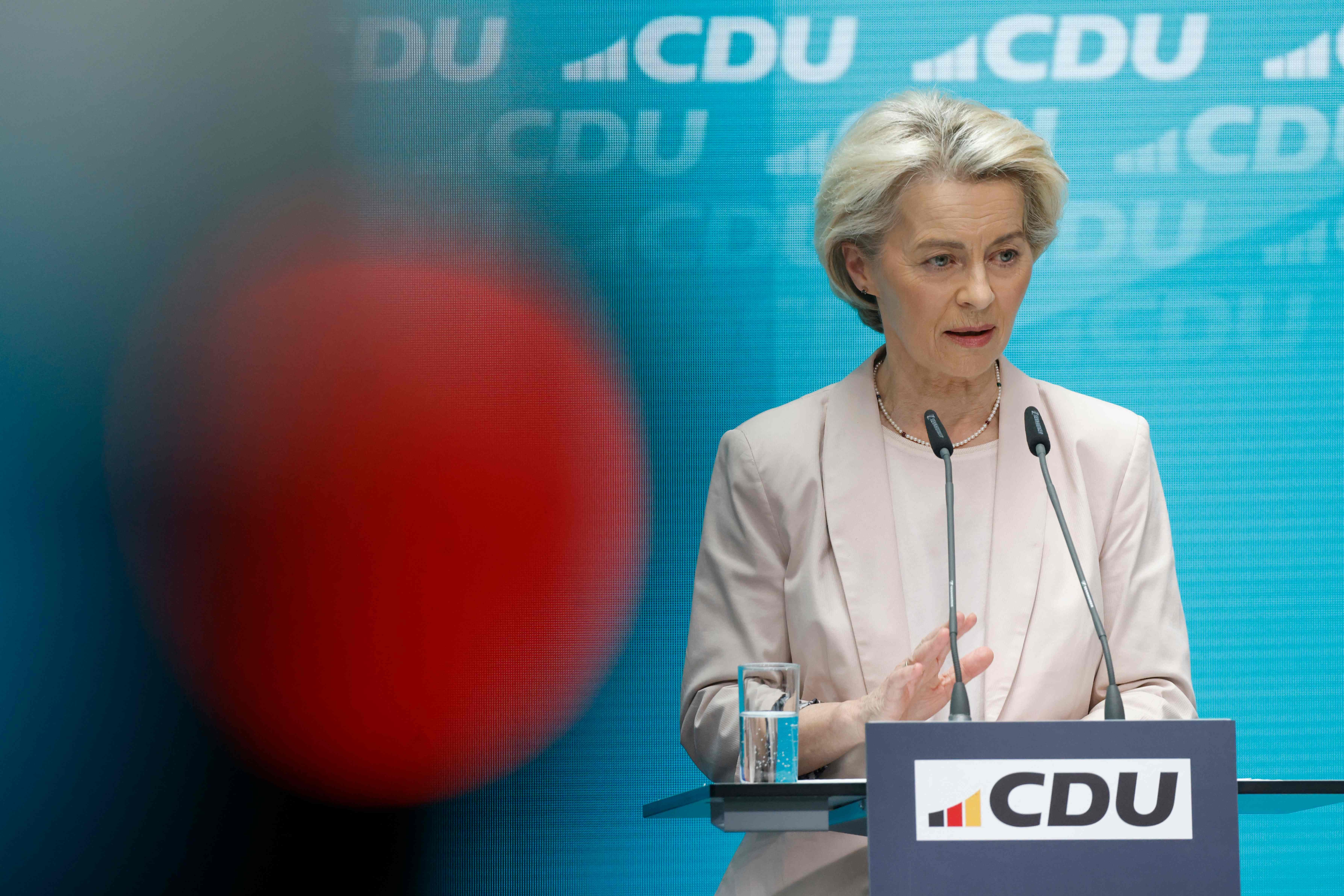 European Commission President Ursula von der Leyen delivers a press conference at the CDU headquarters in Berlin on June 10, 2024, one day after European Parliament elections. (Photo by Odd ANDERSEN / AFP)