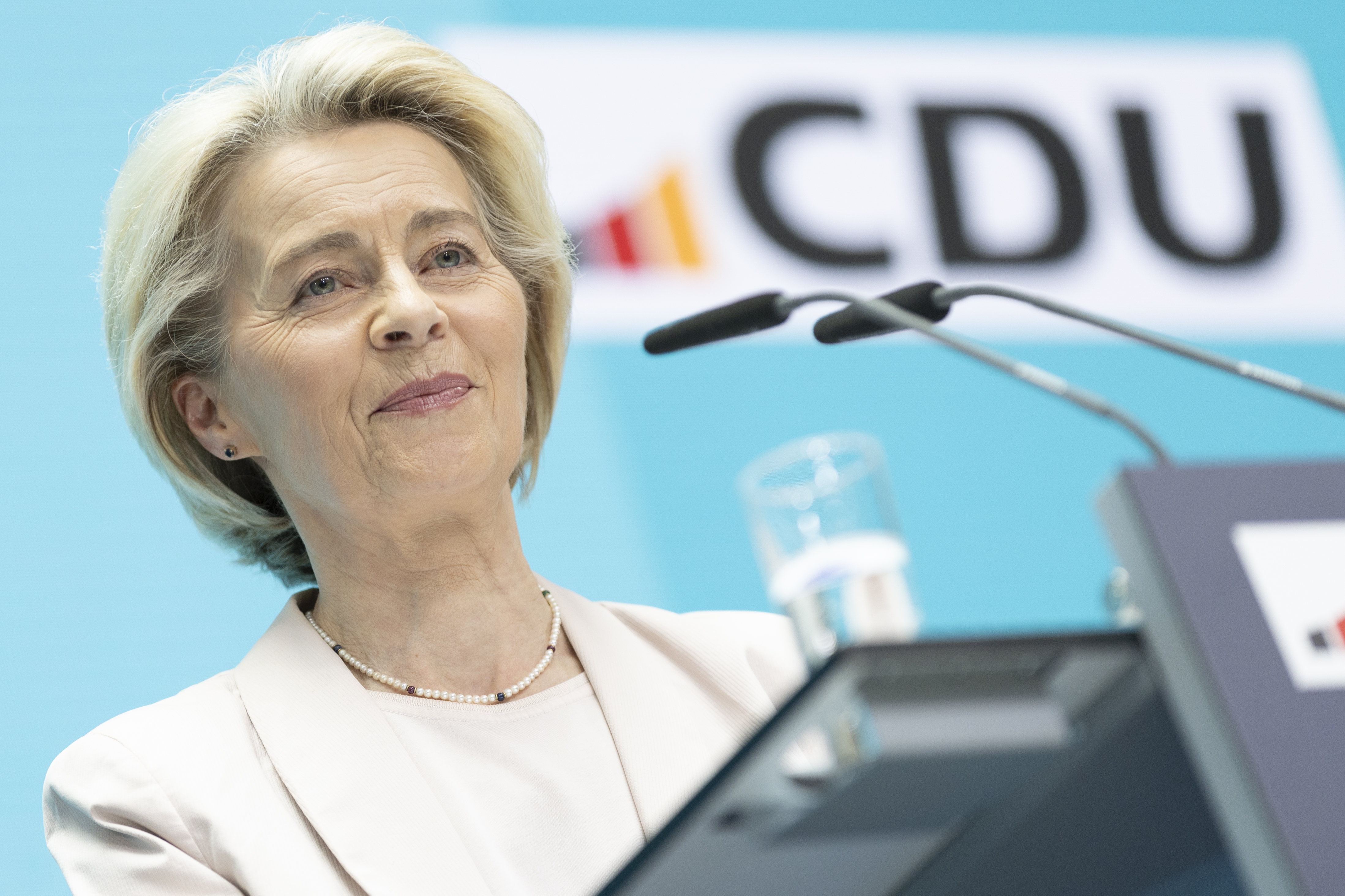 BERLIN, GERMANY - JUNE 10: Ursula von der Leyen, German Christian Democrats (CDU) member and President of the European Commission, speaks during a press conference after a meeting of the CDU leadership the day after European parliamentary elections on June 10, 2024 in Berlin, Germany. The CDU won 30% of the vote yesterday, coming in a strong first place finish, far ahead of the individual parties of Germany?s three-party coalition government, including the German Social Democrats (SPD) of Chancellor Olaf Scholz. Voters across member states of the European Union cast their ballots over the last four days to elect representatives to the next European Parliament. (Photo by Maja Hitij/Getty Images)