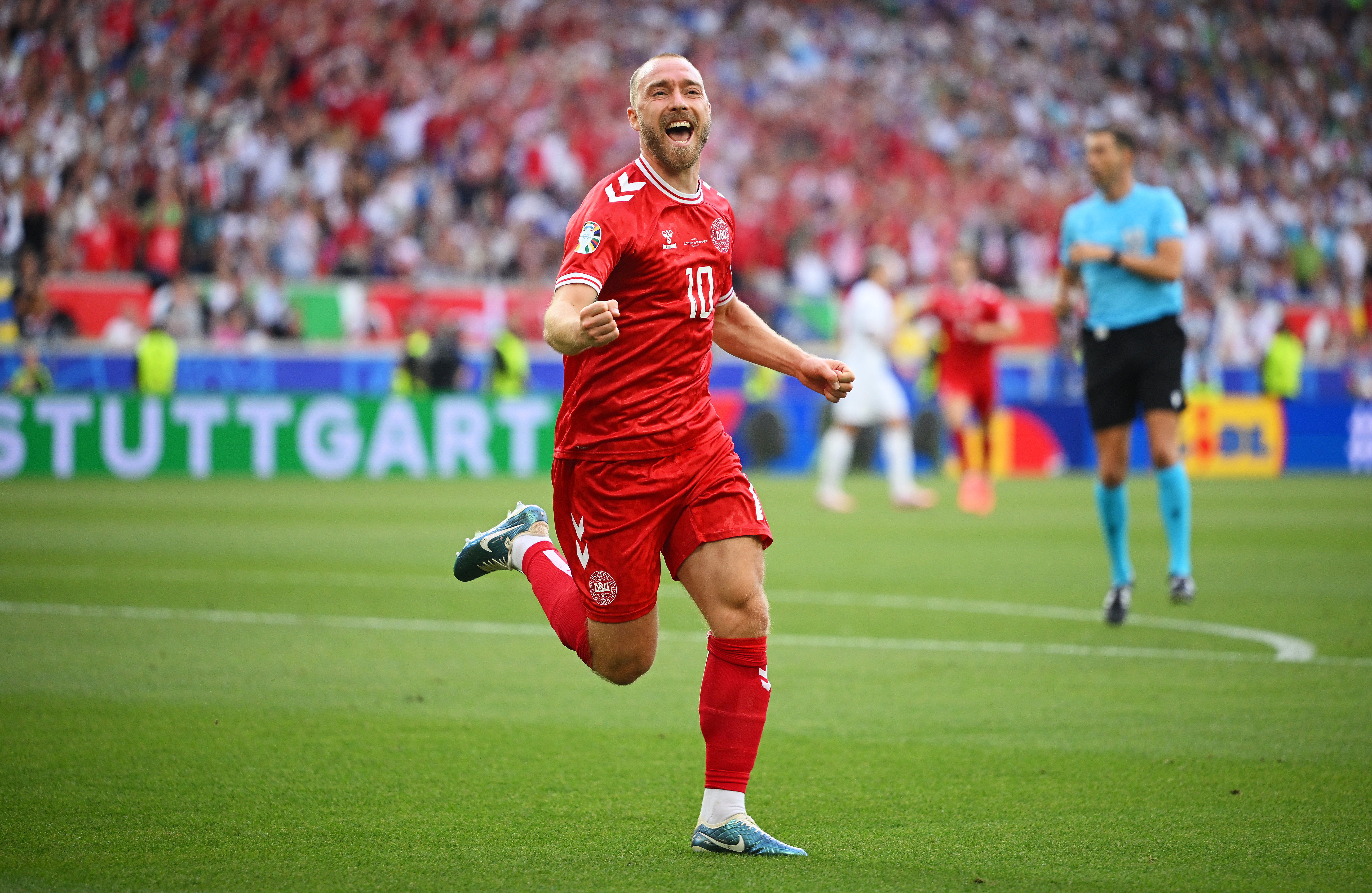 STUTTGART, GERMANY - JUNE 16: Christian Eriksen of Denmark celebrates scoring his team's first goal during the UEFA EURO 2024 group stage match between Slovenia and Denmark at Stuttgart Arena on June 16, 2024 in Stuttgart, Germany.   (Photo by Clive Mason/Getty Images)