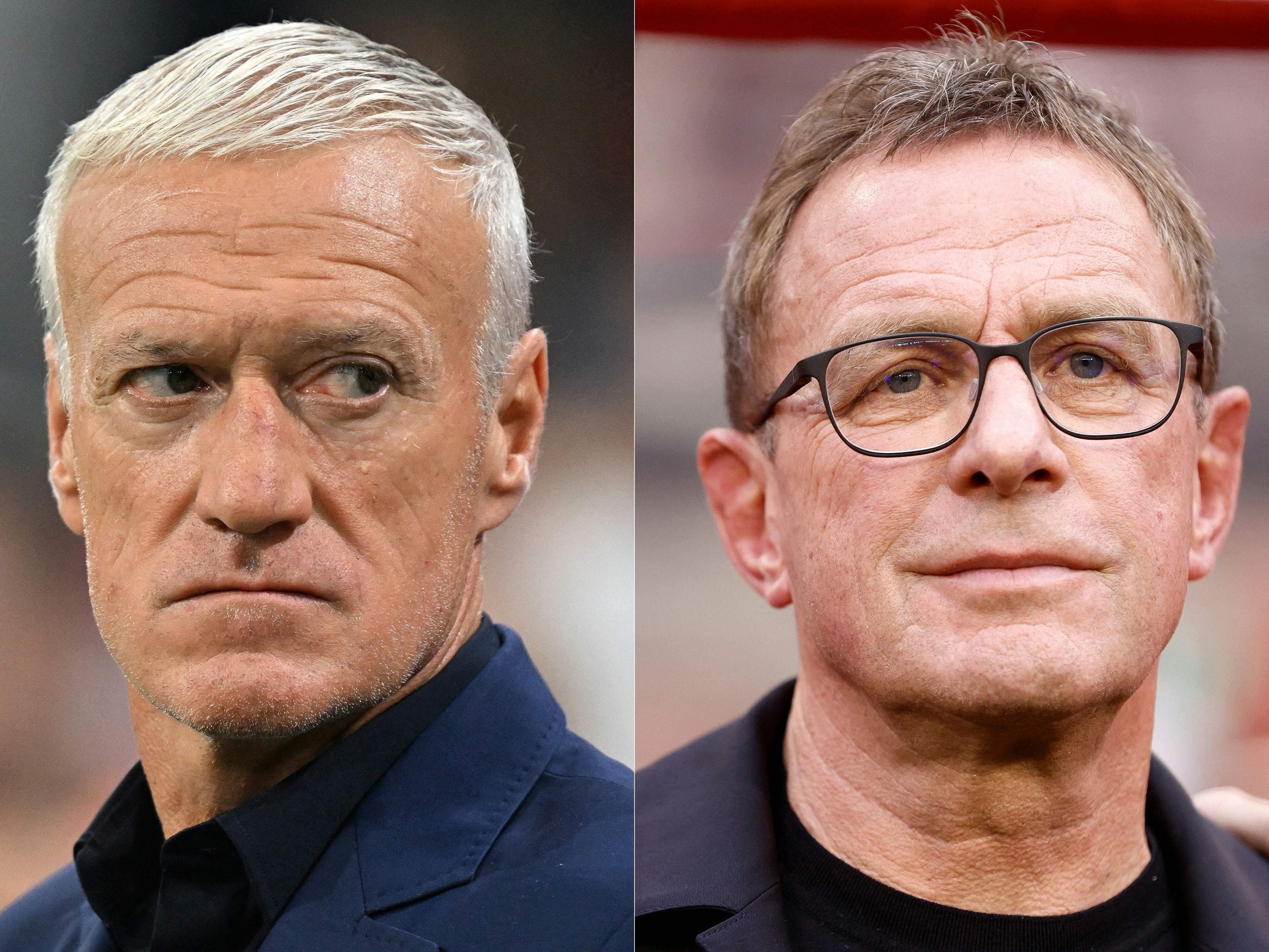 (COMBO) This combination of pictures created on June 13, 2024 shows France's coach Didier Deschamps (L) looking on from the sidelines before the Euro 2024 qualifying football match between the Netherlands and France at the Johan Cruijff ArenA in Amsterdam on October 13, 2023; and Austria's coach Ralf Rangnick looking on during the UEFA Euro 2024 group F qualification football match between Belgium and Austria at the King Baudouin Stadium in Brussels, on June 17, 2023. Austria will face France during the UEFA Euro 2024 football Championship on June 17, 2024. (Photo by JOHN THYS and Kenzo TRIBOUILLARD / AFP)