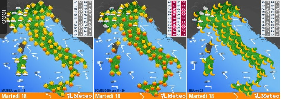 Il meteo di martedì 18 giugno: intensa ondata di caldo su tutta Italia. «Valori eccezionali con 12 gradi oltre la normaclimatologica»