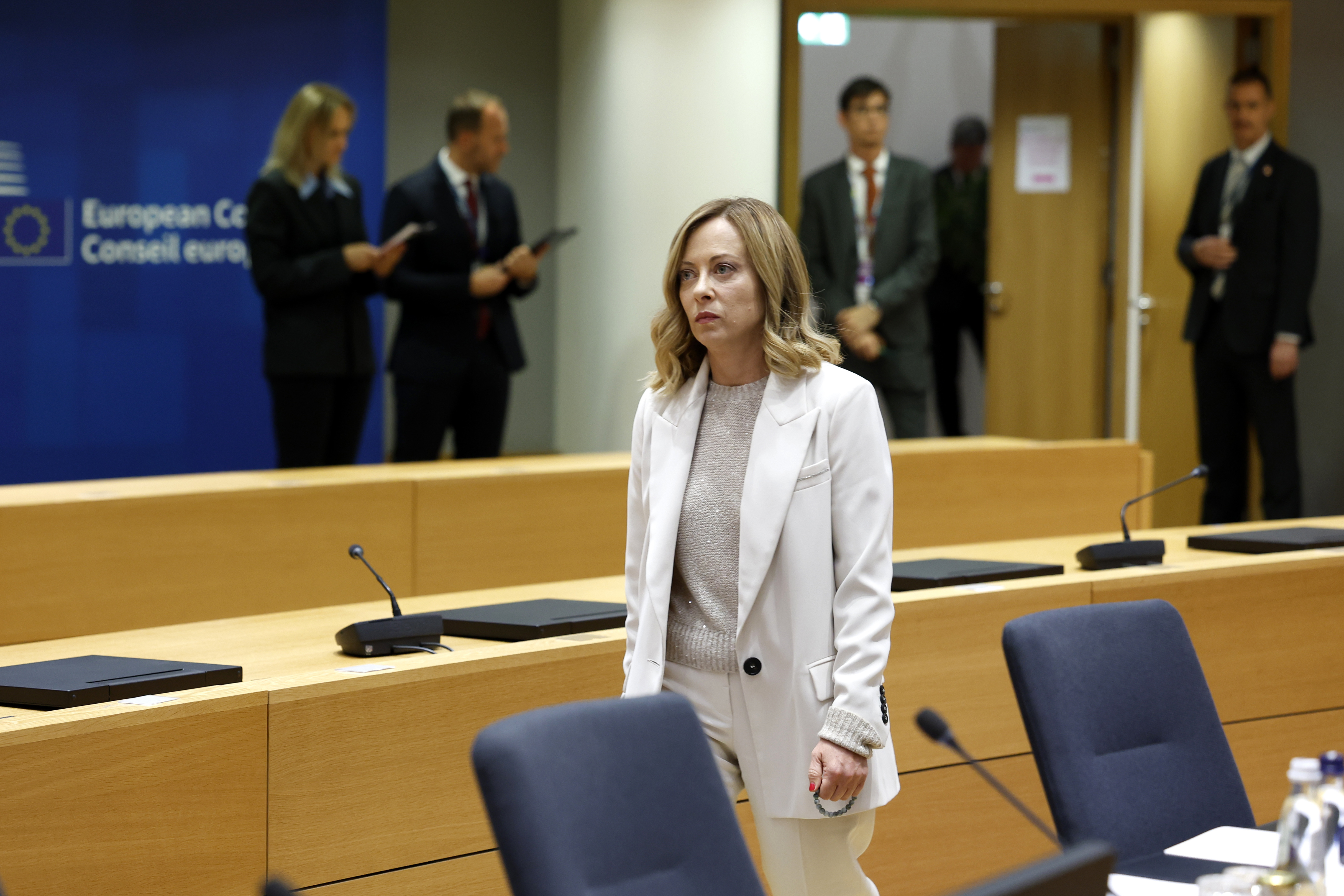 Italy's Prime Minister Giorgia Meloni arrives for a round table meeting at an EU summit in Brussels, Monday, June 17, 2024. The 27 leaders of the European Union gather in Brussels on Monday evening to take stock of recent European election results and begin the fraught process of dividing up the bloc's top jobs, but they will be playing their usual political game with a deck of reshuffled cards. (AP Photo/Geert Vanden Wijngaert)