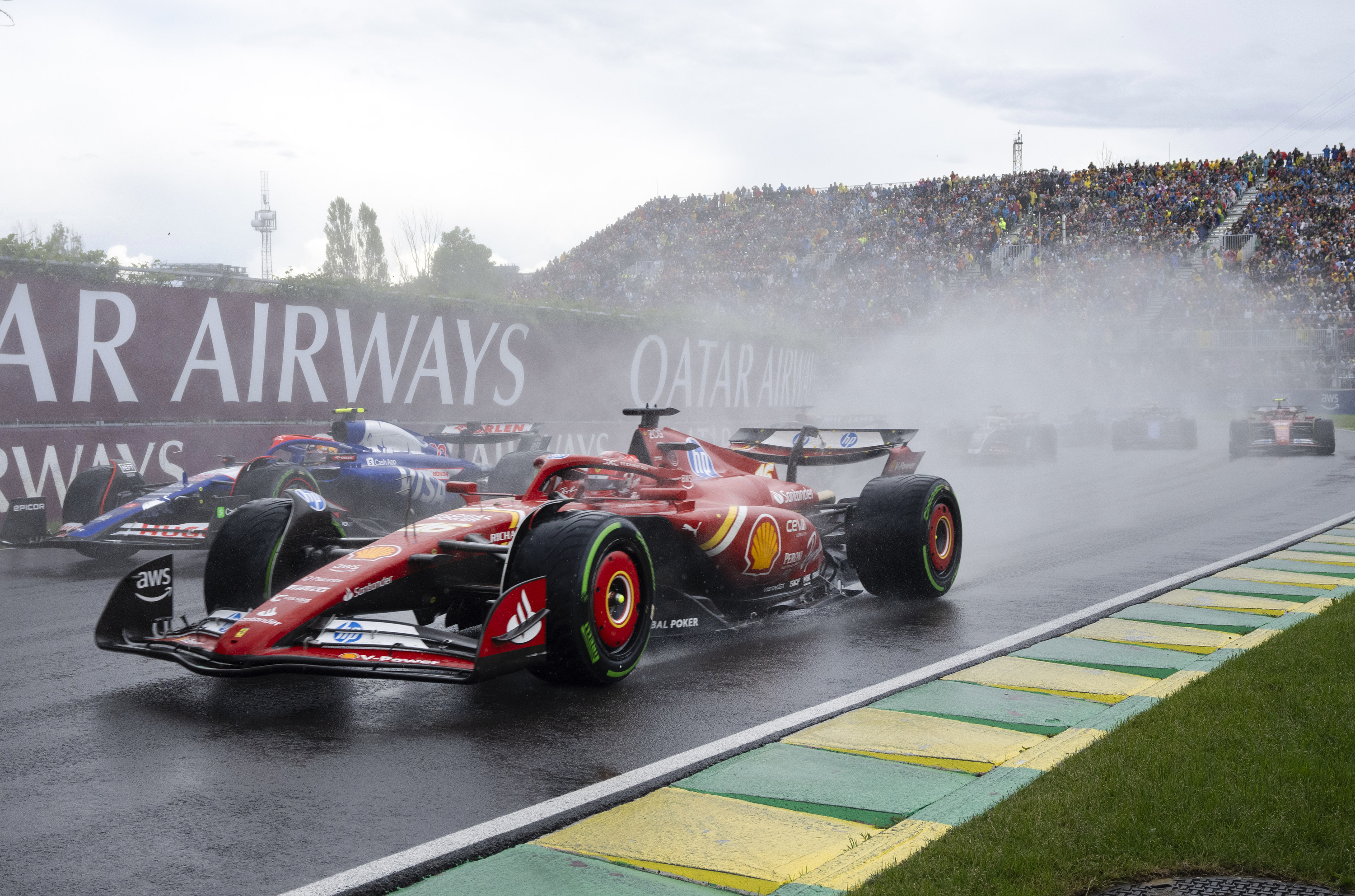 Ferrari driver Charles Leclerc, of Monaco, drives through the Senna corner at the Formula 1 Canadian Grand Prix auto race in Montreal, Sunday, June 9, 2024. (Ryan Remiorzs/The Canadian Press via AP)    Associated Press / LaPresse Only italy and Spain