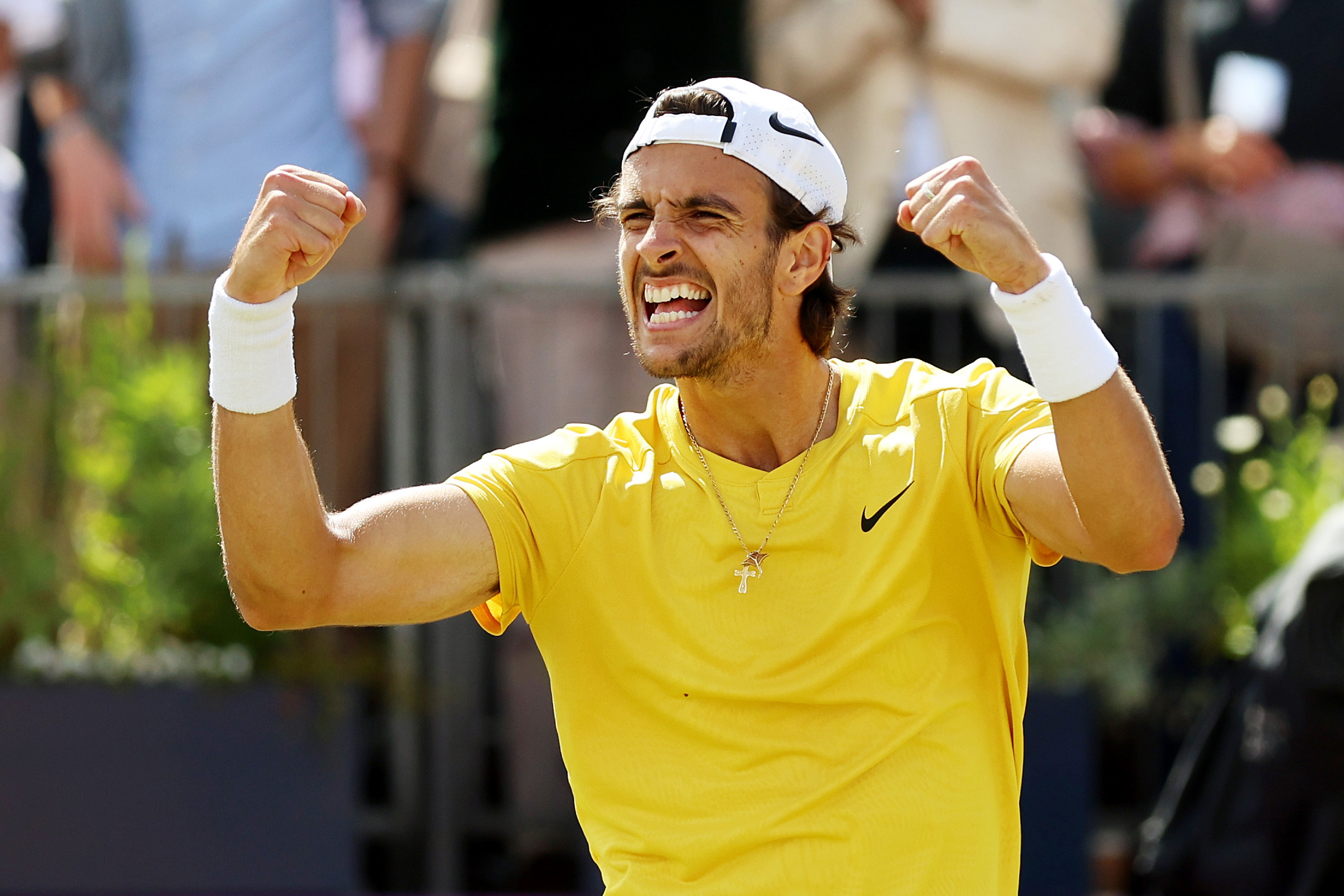 LONDON, ENGLAND - JUNE 22: Lorenzo Musetti of Italy celebrates following victory against Jordan Thompson of Australia in the Men's Singles Semi Final match on Day Six of the cinch Championships at The Queen's Club on June 22, 2024 in London, England. (Photo by Luke Walker/Getty Images for LTA) *** BESTPIX ***