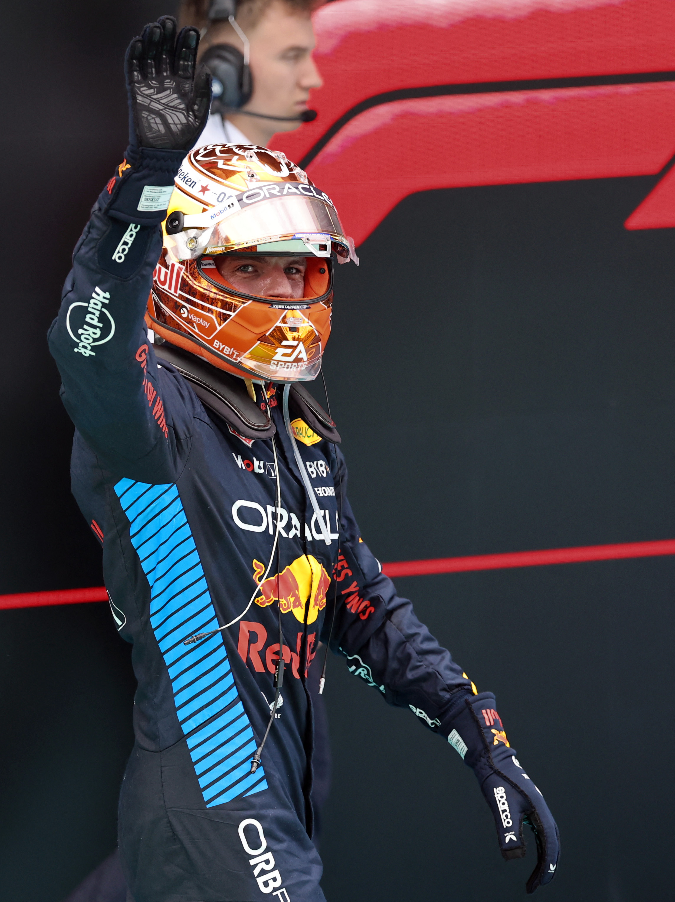 Red Bull's Dutch driver Max Verstappen celebrates winning the Spanish Formula One Grand Prix at the Circuit de Catalunya on June 23, 2024 in Montmelo, on the outskirts of Barcelona. (Photo by Thomas COEX / AFP)