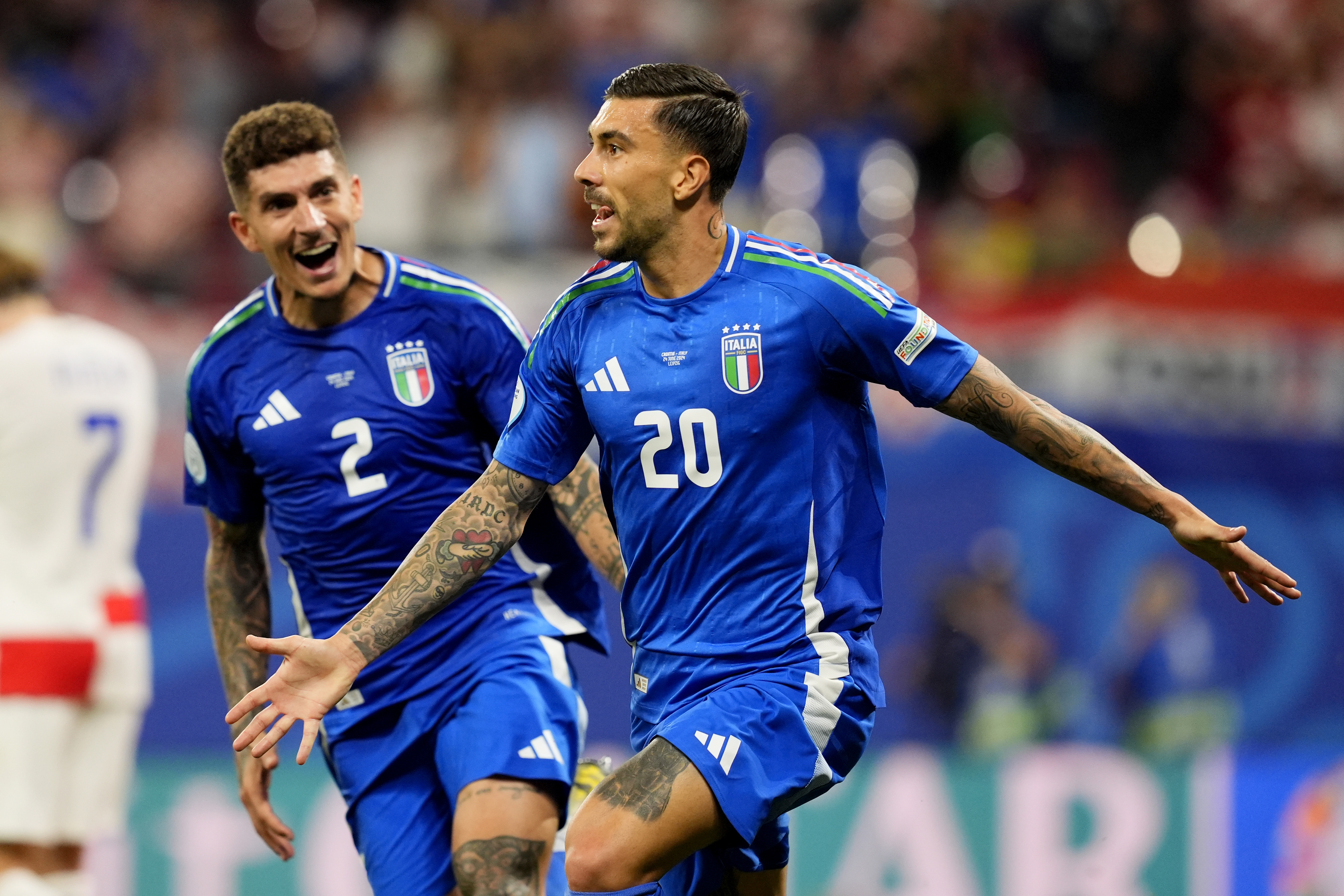 Italy's Mattia Zaccagni celebrates after scoring goal 1-1 during the Euro 2024 soccer match between Croatia and Italy at the Leipzig stadium, Lipsia, Germany - Monday 24, June, 2024. Sport - Soccer. (Photo by Fabio Ferrari/LaPresse)