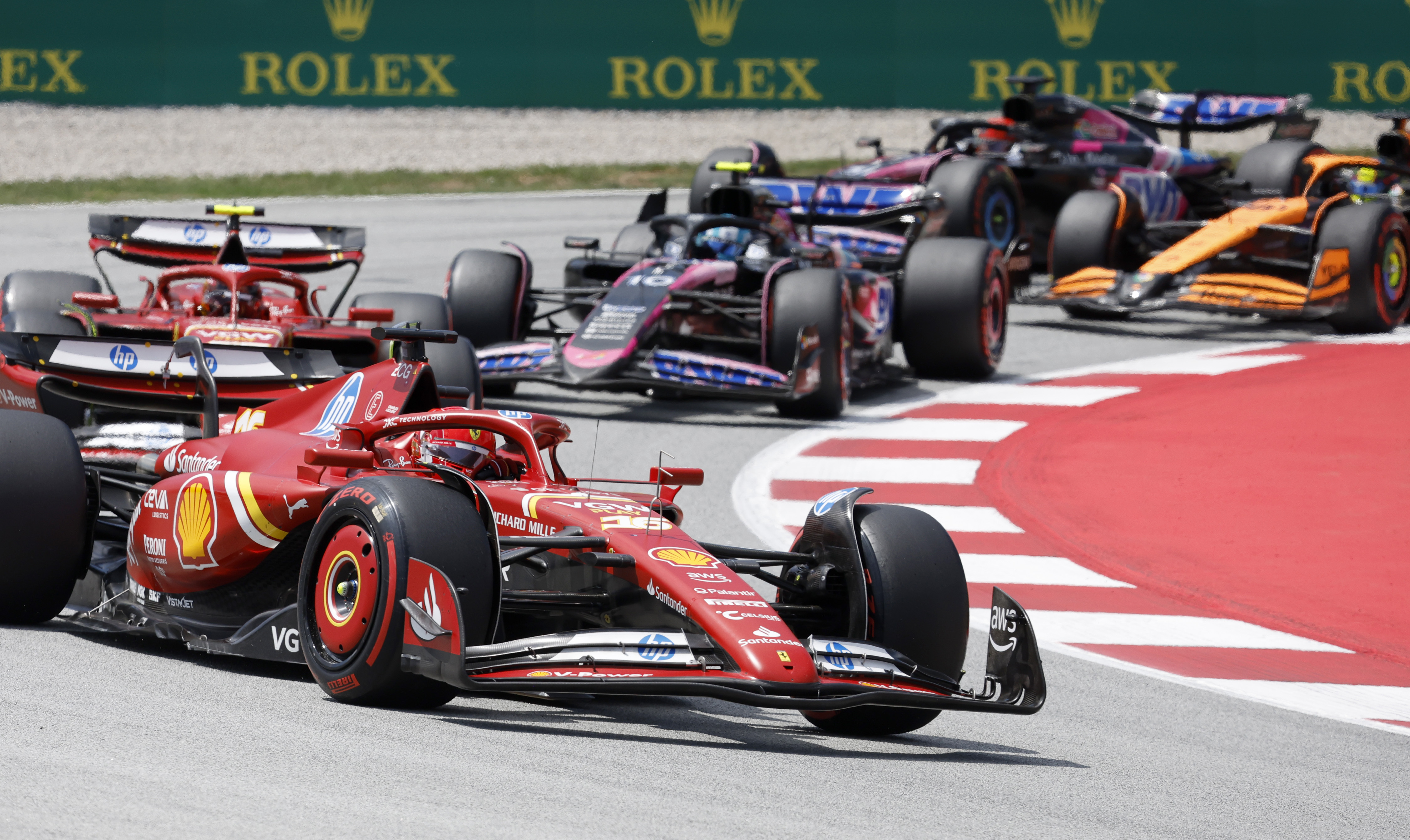 Ferrari driver Charles Leclerc of Monaco steers his car during the Formula 1 Spanish Grand Prix at the Barcelona Catalunya racetrack in Montmelo, near Barcelona, Spain, Sunday, June 23, 2024. (AP Photo/Joan Monfort)
