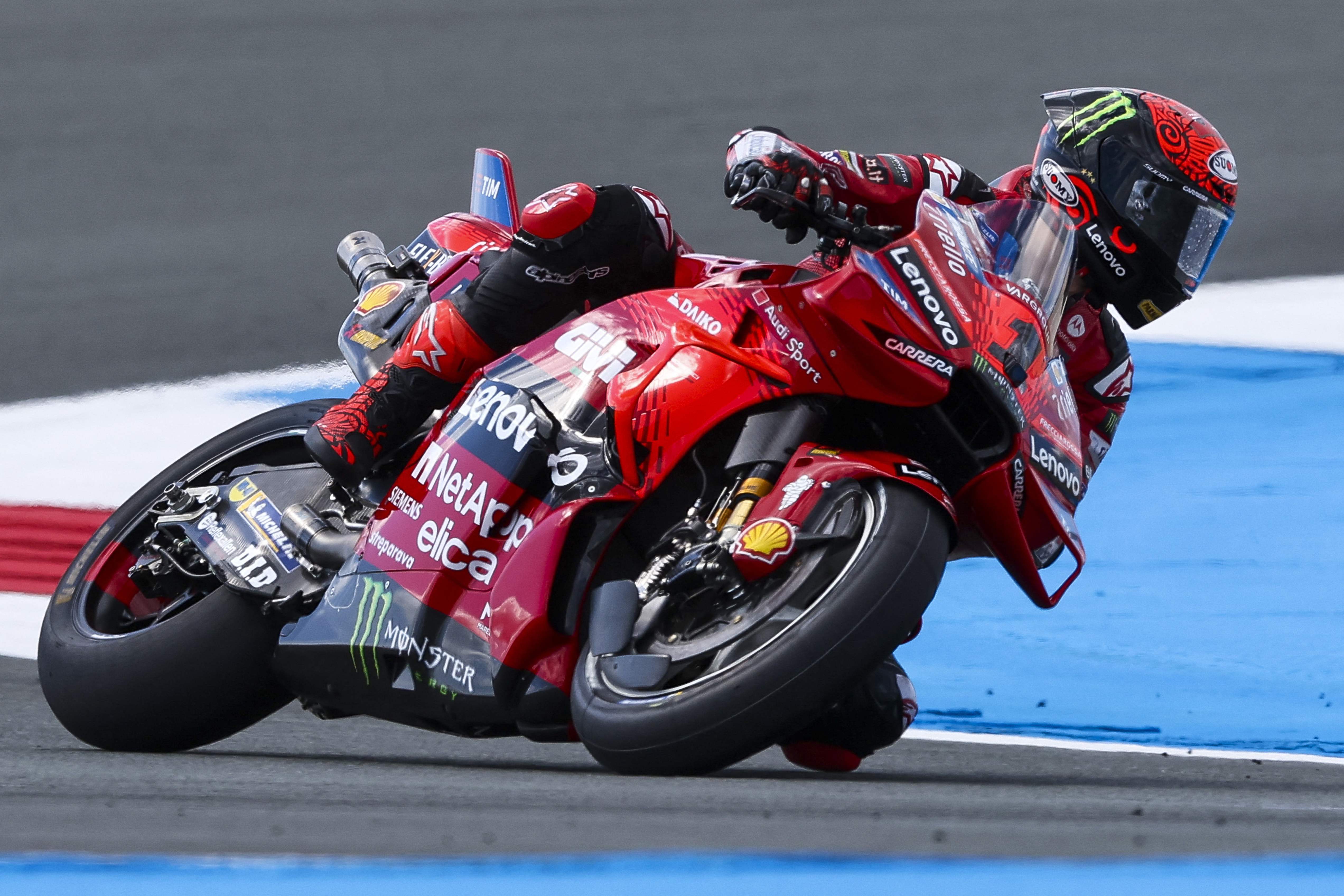 Ducati Lenovo Team's Italian rider Francesco Bagnaia rides during the MotoGP free practice session ahead of the 2024 Netherlands GP Grand Prix at the TT Circuit Assen, in Assen on June 28, 2024. (Photo by Vincent Jannink / ANP / AFP) / Netherlands OUT