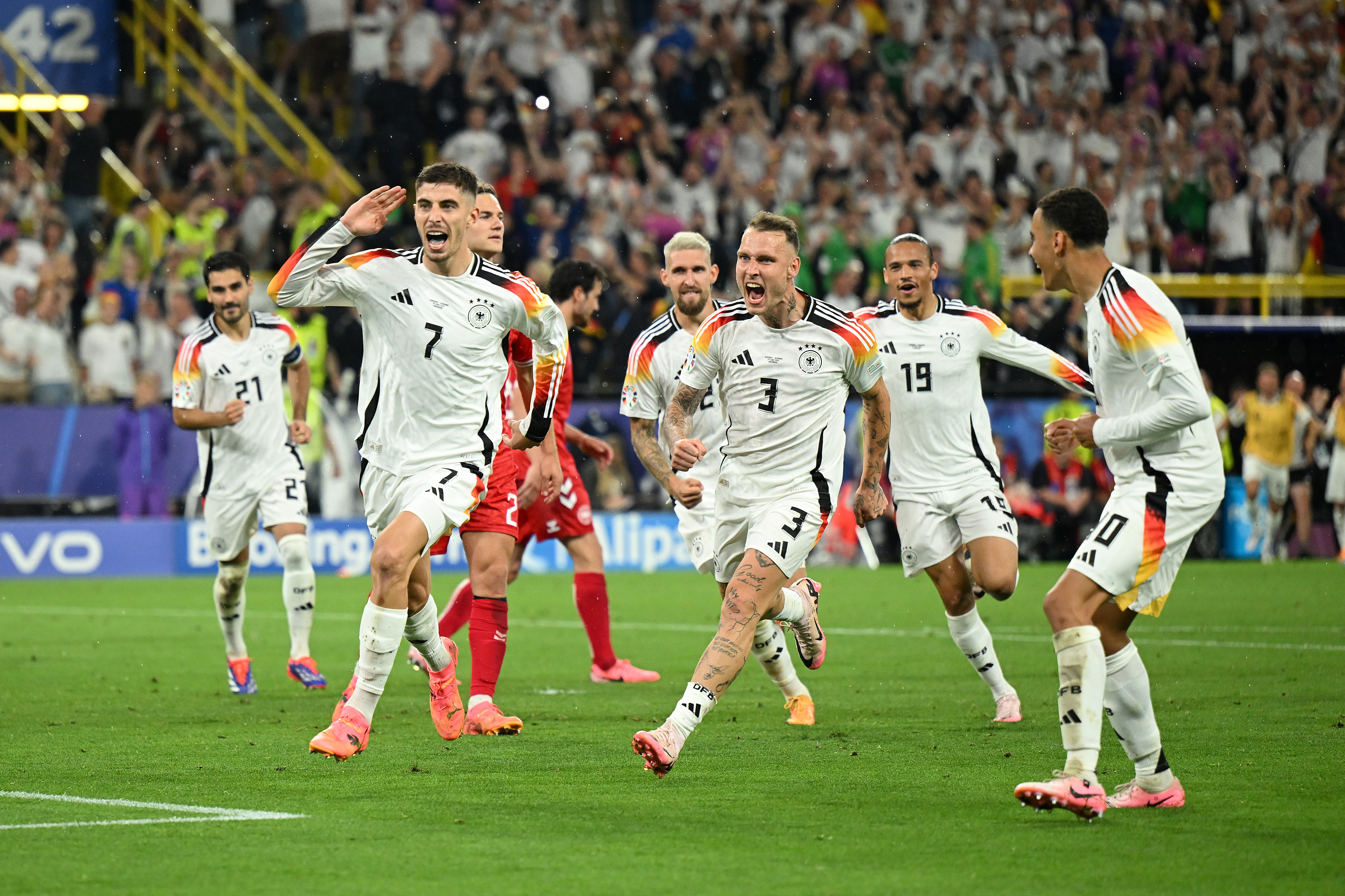 DORTMUND, GERMANY - JUNE 29: Kai Havertz of Germany celebrates scoring his team's first goal during the UEFA EURO 2024 round of 16 match between Germany and Denmark at Football Stadium Dortmund on June 29, 2024 in Dortmund, Germany. (Photo by Shaun Botterill/Getty Images)