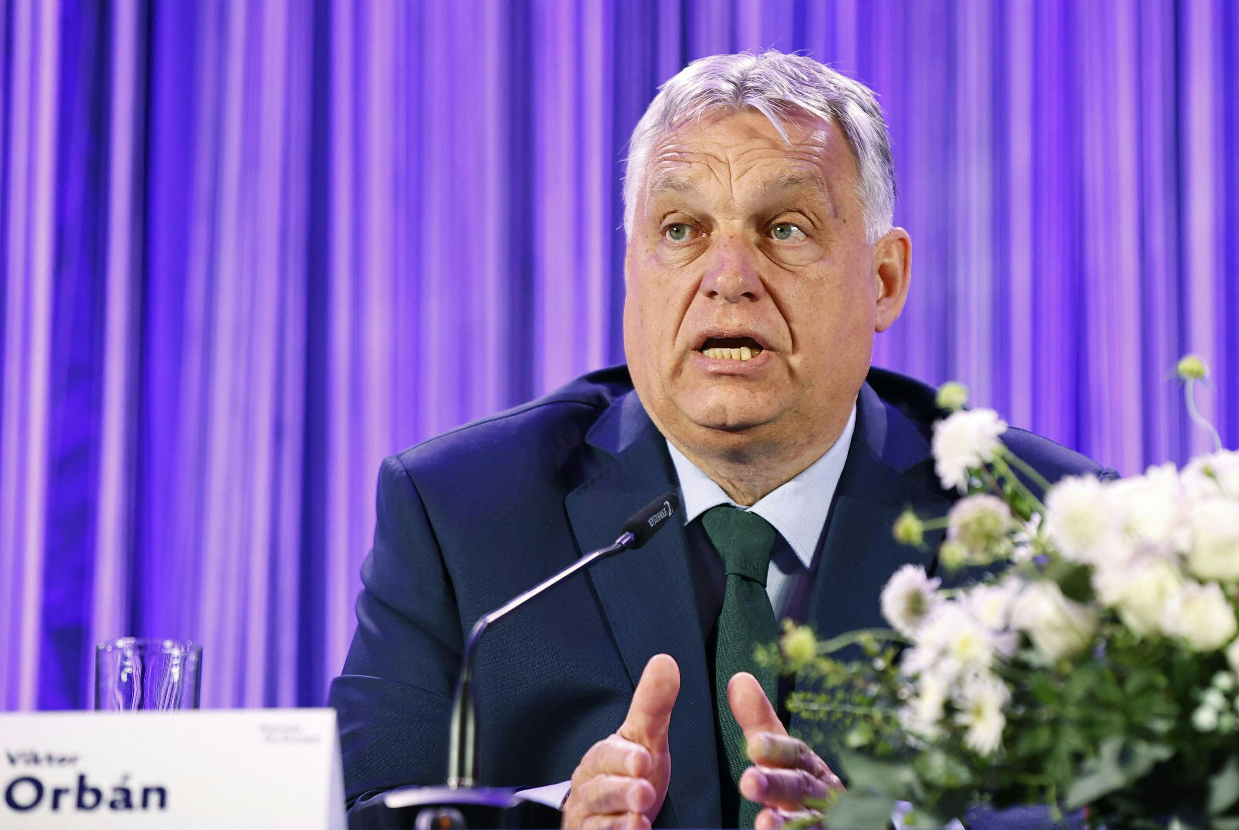 Hungary's Prime Minister Viktor Orban addresses a meeting with Chairman of the right-wing Freedom Party Austria (FPOe) for a joint statement, in Wien, on June 30, 2024. (Photo by TOBIAS STEINMAURER / APA / AFP) / Austria OUT