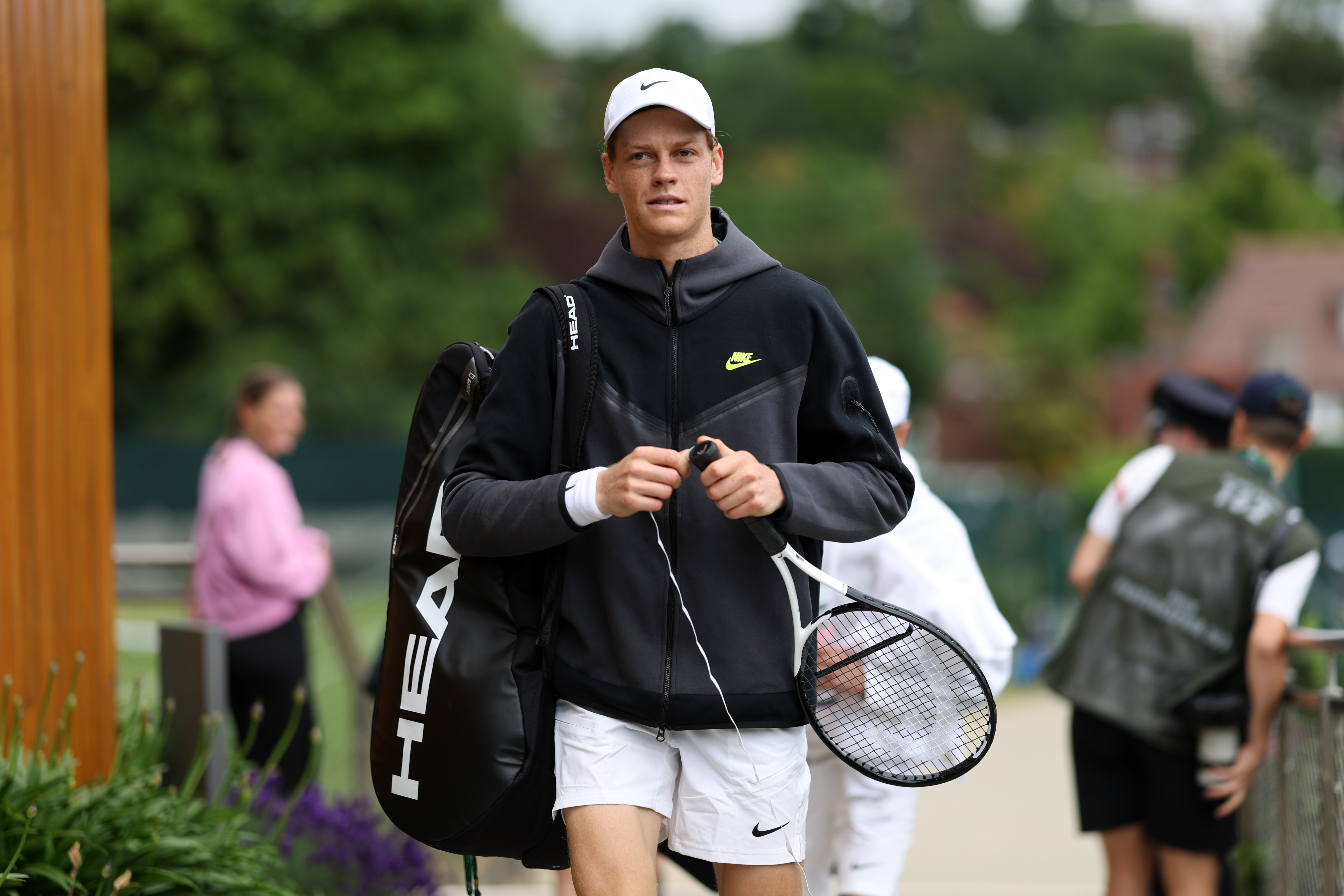 LONDON, ENGLAND - JUNE 28: Jannik Sinner of Italy leaves the practice courts prior to The Championships Wimbledon 2024 at All England Lawn Tennis and Croquet Club on June 28, 2024 in London, England. (Photo by Clive Brunskill/Getty Images)