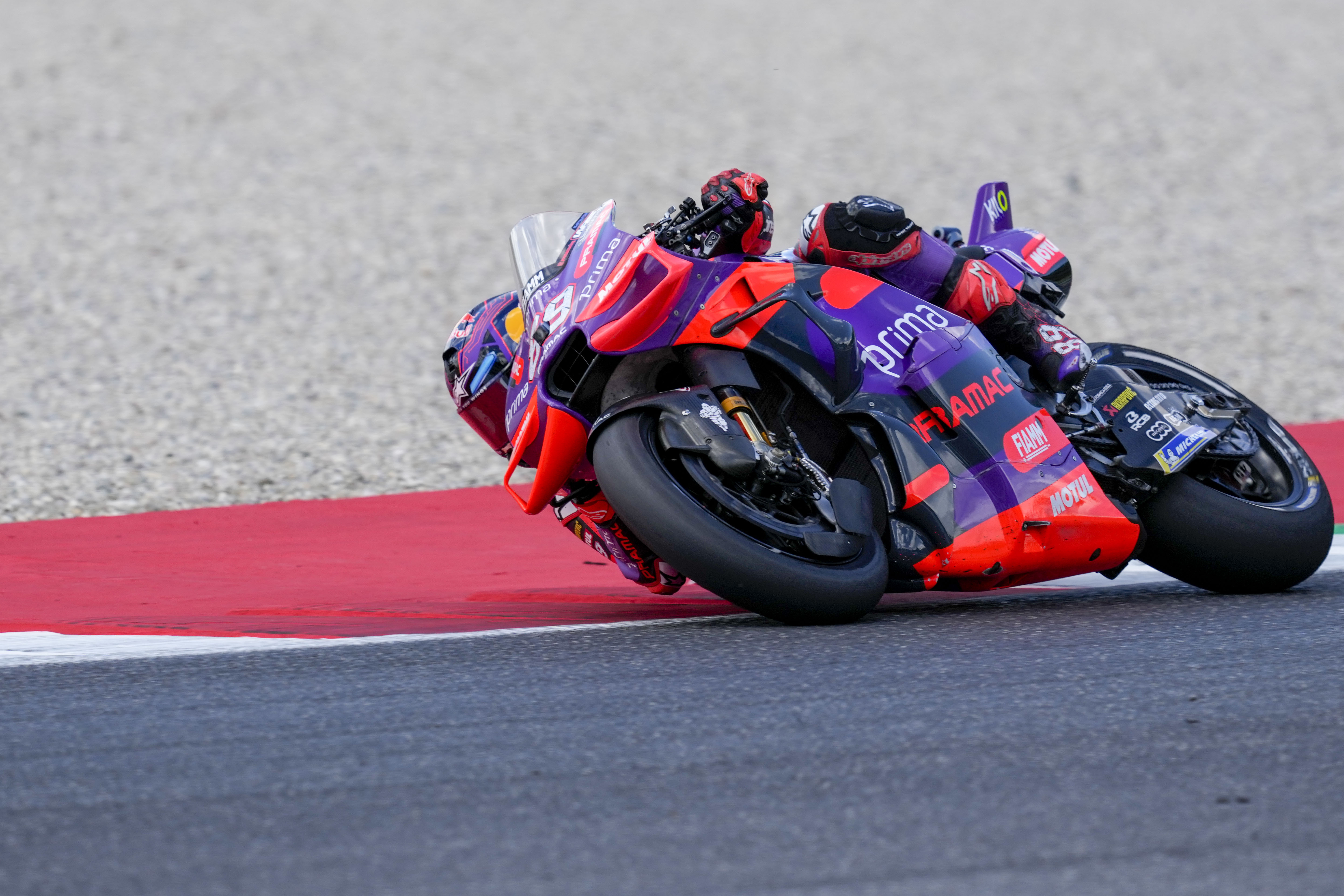 Spain's rider Jorge Martin of the Prima Pramac Racing steers his motorcycle during the MotoGP race of the Grand Prix of Italy at the Mugello circuit in Scarperia, Italy, Sunday, June 2, 2024. (AP Photo/Antonio Calanni)