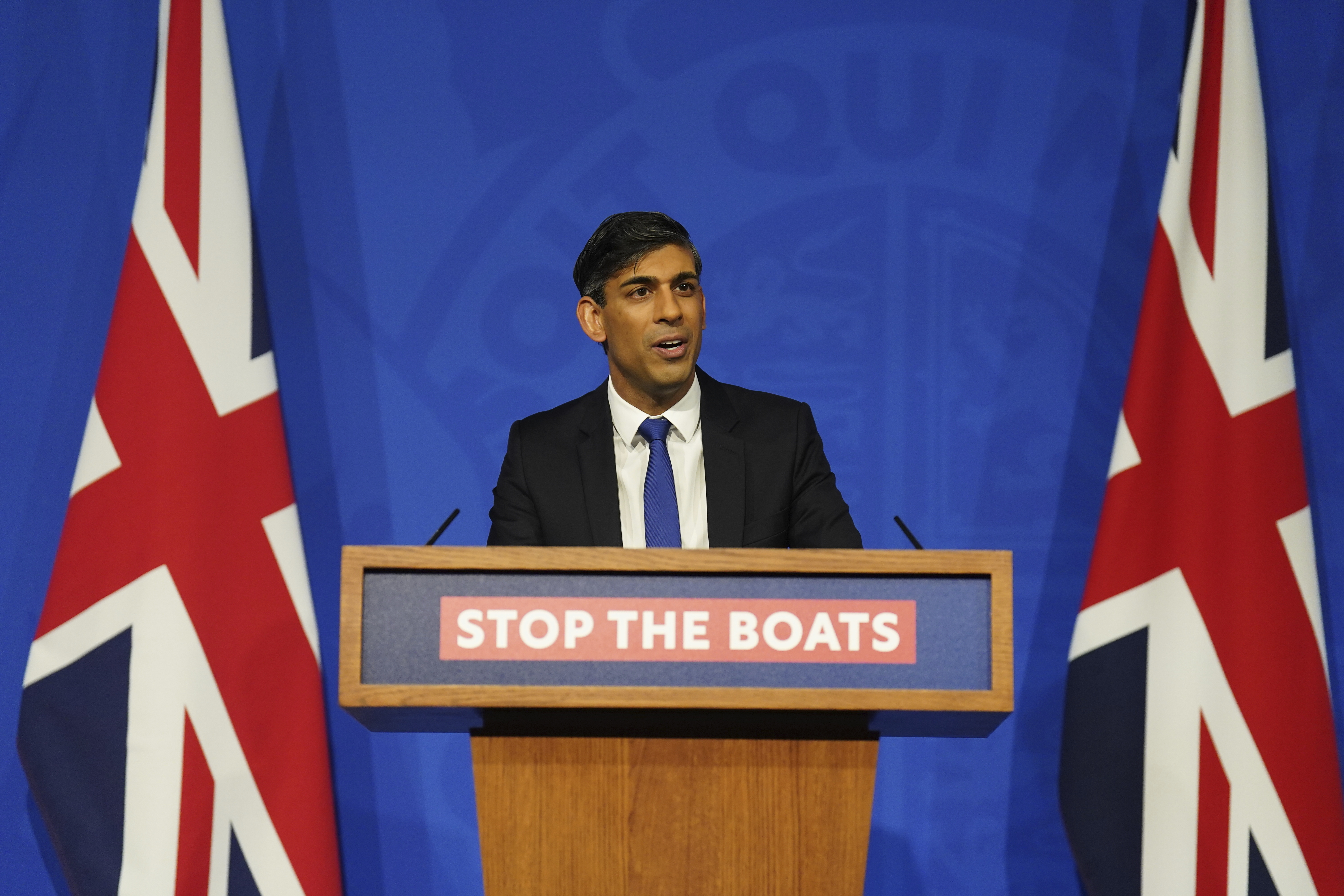 FILE - Britain's Prime Minister Rishi Sunak gives an update on the plan to "stop the boats" and illegal migration during a press conference in the Downing Street Briefing Room in London, Thursday Dec. 7, 2023. United Kingdom voters will cast ballots in a national election Thursday, passing judgment on Sunak?s 20 months in office, and on the four Conservative prime ministers before him. (James Manning/Pool via AP, File)