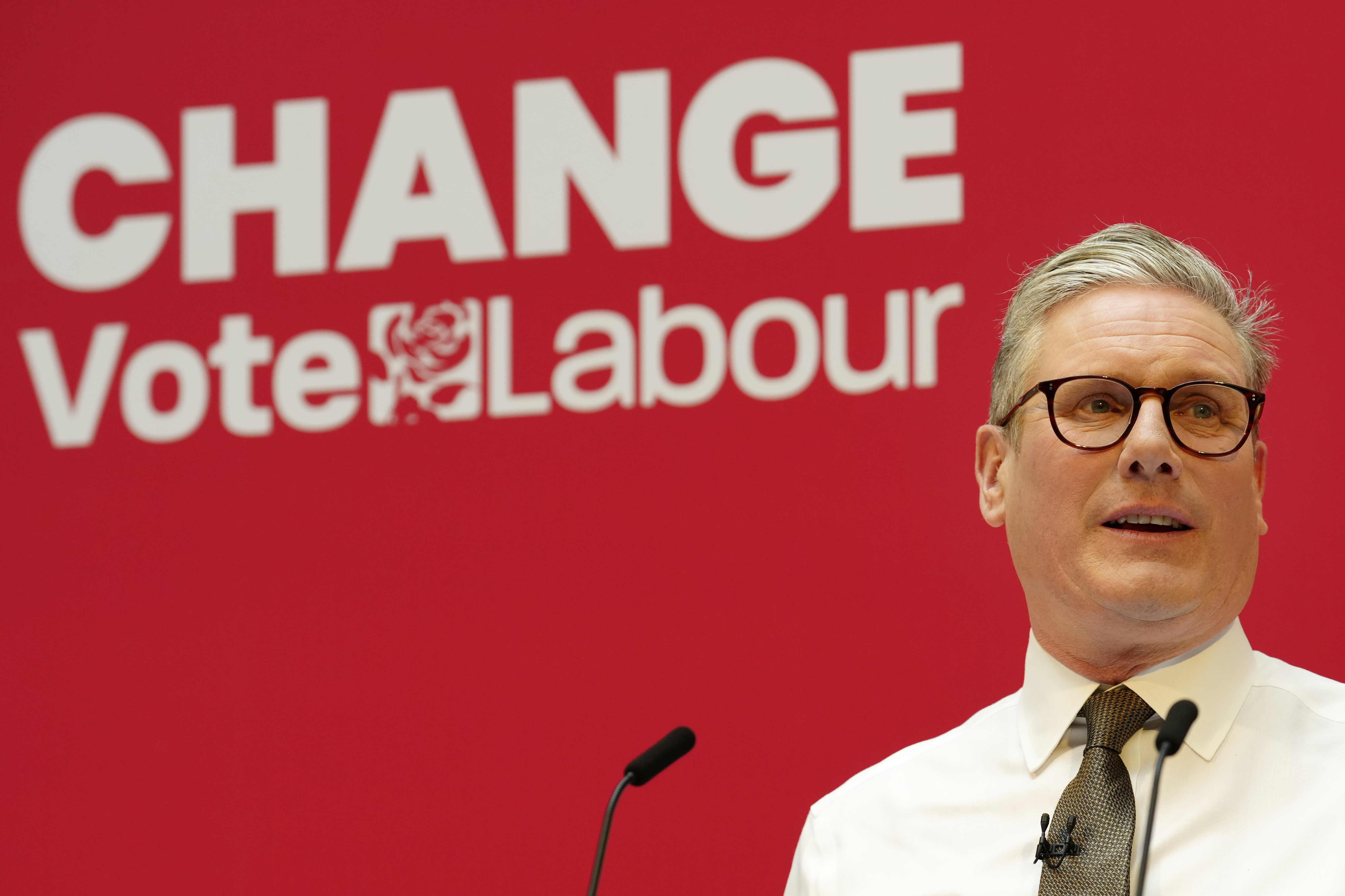 FILE - Britain's Labour Party leader Keir Starmer speaks on stage at the launch of The Labour party's 2024 general election manifesto in Manchester, England, Thursday, June 13, 2024. The United Kingdom will hold its first national election in almost five years on Thursday, with opinion polls suggesting that Prime Minister Rishi Sunak's Conservative Party will be punished for failing to deliver on promises made during 14 years in power. (AP Photo/Jon Super, File)