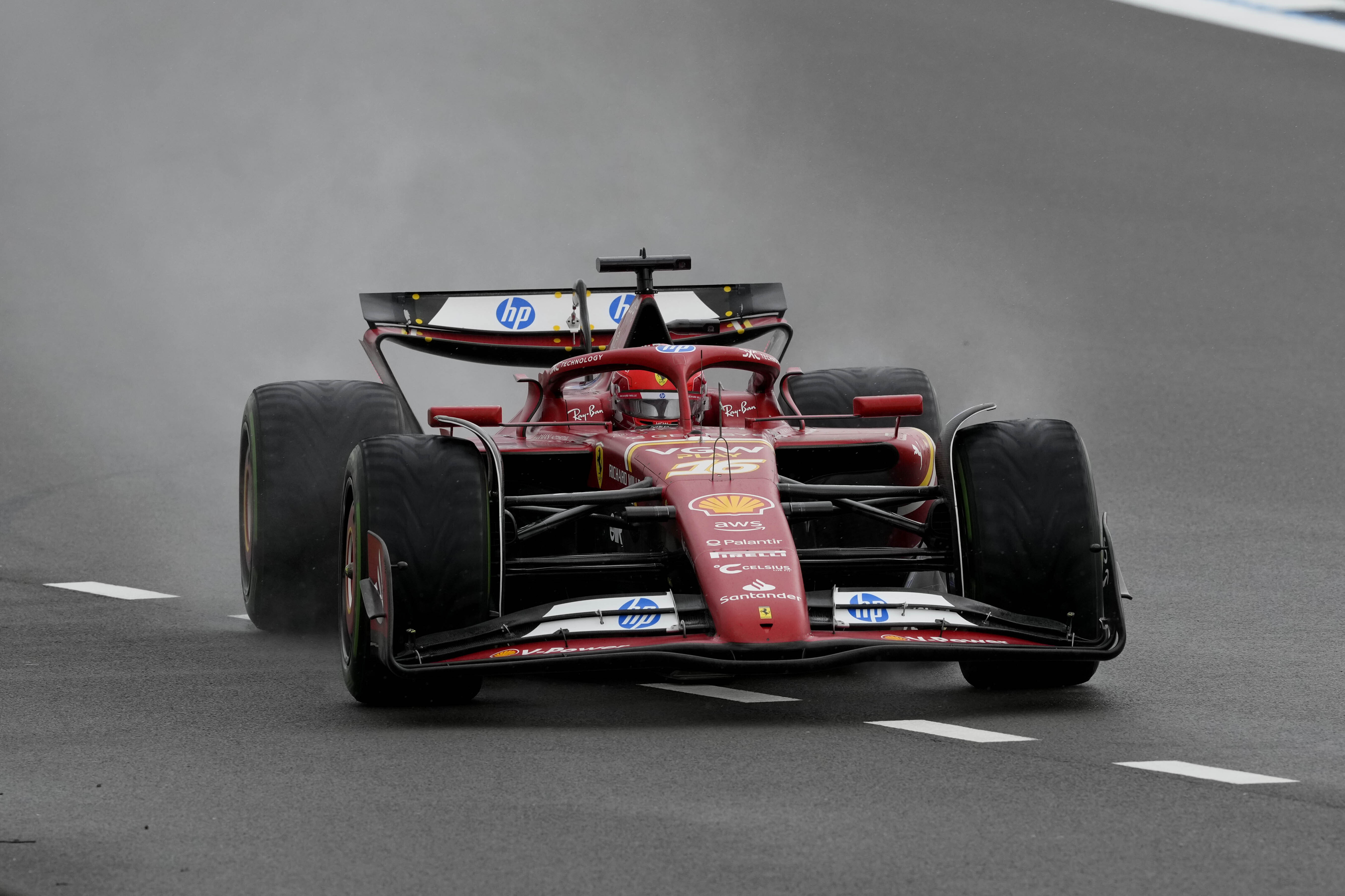 Ferrari driver Charles Leclerc of Monaco steers his car during the third free practice at the Silverstone racetrack, Silverstone, England, Saturday, July 6, 2024. The British Formula One Grand Prix will be held on Sunday. (AP Photo/Luca Bruno)