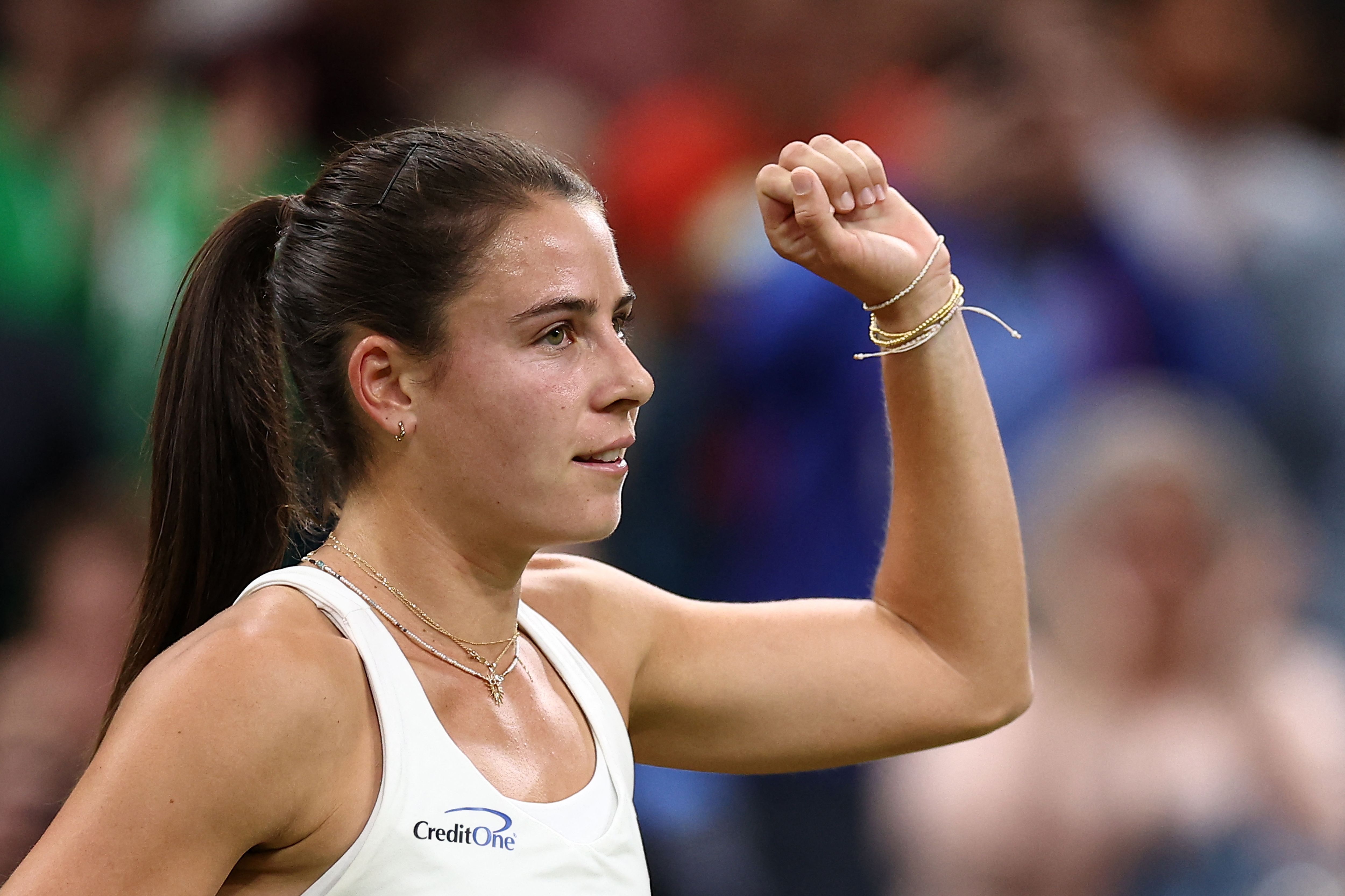 USA's Emma Navarro celebrates winning against US player Coco Gauff during their women's singles fourth round tennis match on the seventh day of the 2024 Wimbledon Championships at The All England Lawn Tennis and Croquet Club in Wimbledon, southwest London, on July 7, 2024. Navarro won the match 6-4, 6-3. (Photo by HENRY NICHOLLS / AFP) / RESTRICTED TO EDITORIAL USE
