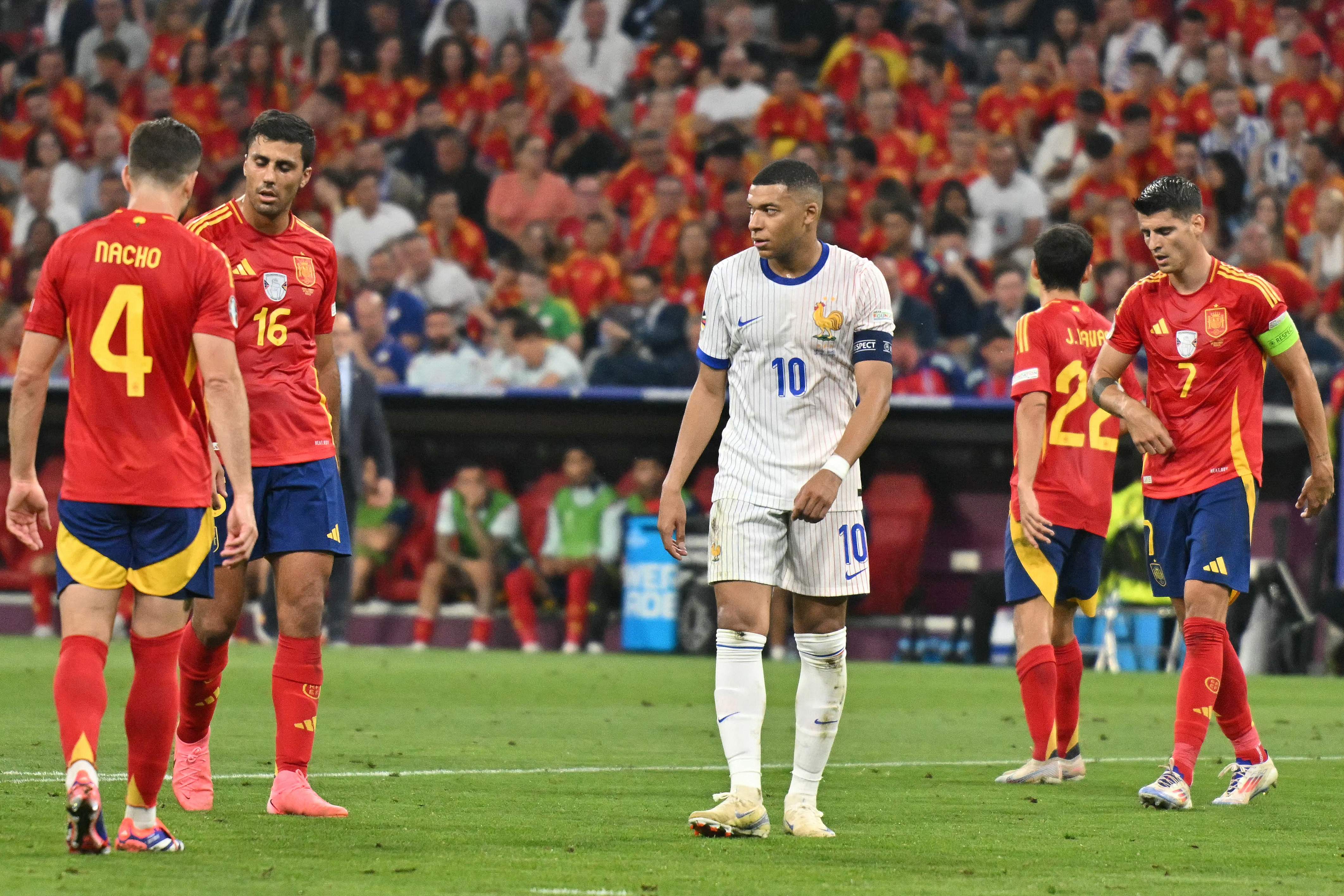 France's forward #10 Kylian Mbappe looks on during the UEFA Euro 2024 semi-final football match between Spain and France at the Munich Football Arena in Munich on July 9, 2024. (Photo by Miguel MEDINA / AFP)