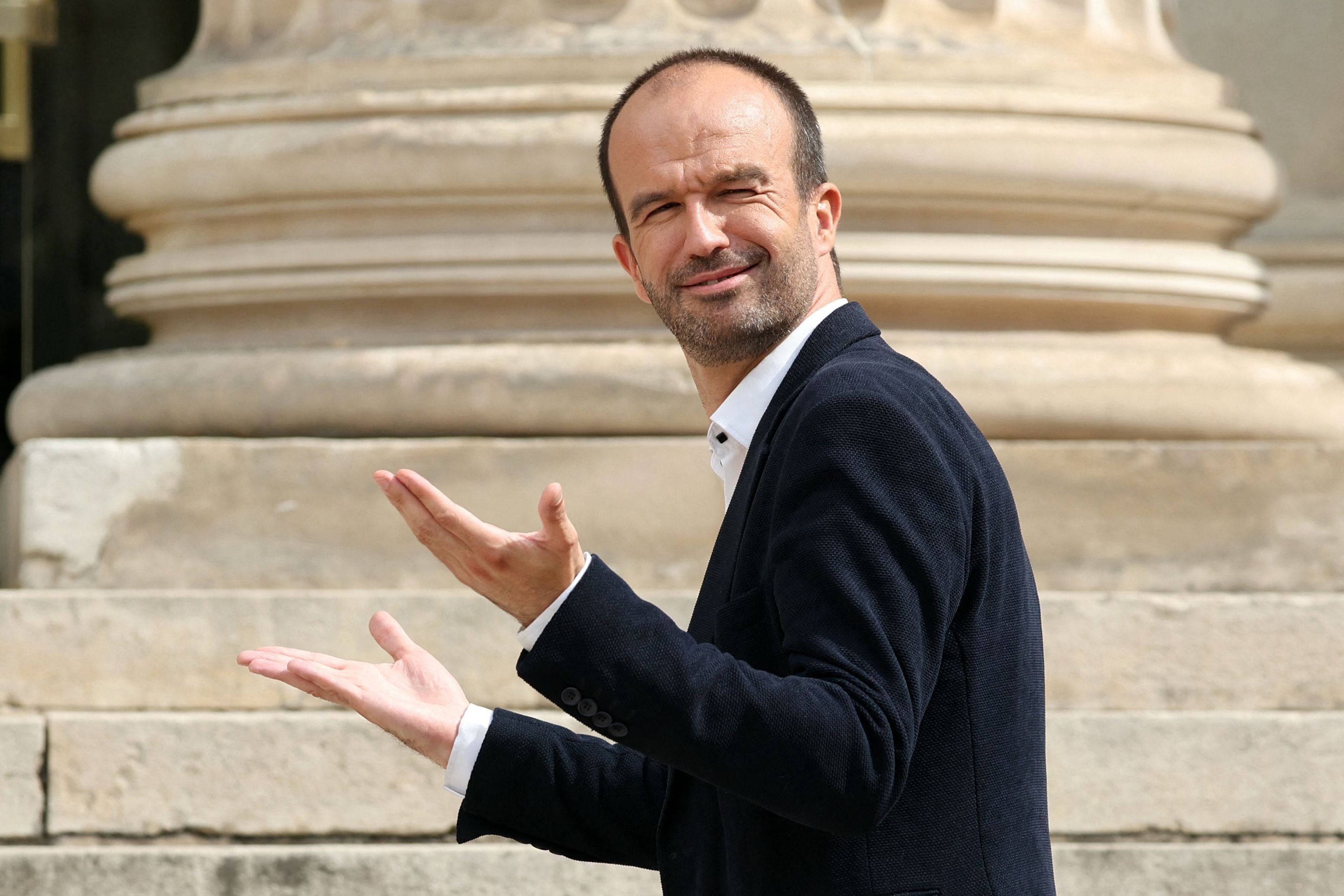 French newly-elected Member of Parliament (MP) for the "Nouveau Front Populaire" (New Popular Front - NFP), La France Insoumise's (LFI) Manuel Bompard arrives for a welcoming day at the National Assembly following the second round of France's legislative election in Paris on July 9, 2024.  (Photo by Alain JOCARD / AFP)