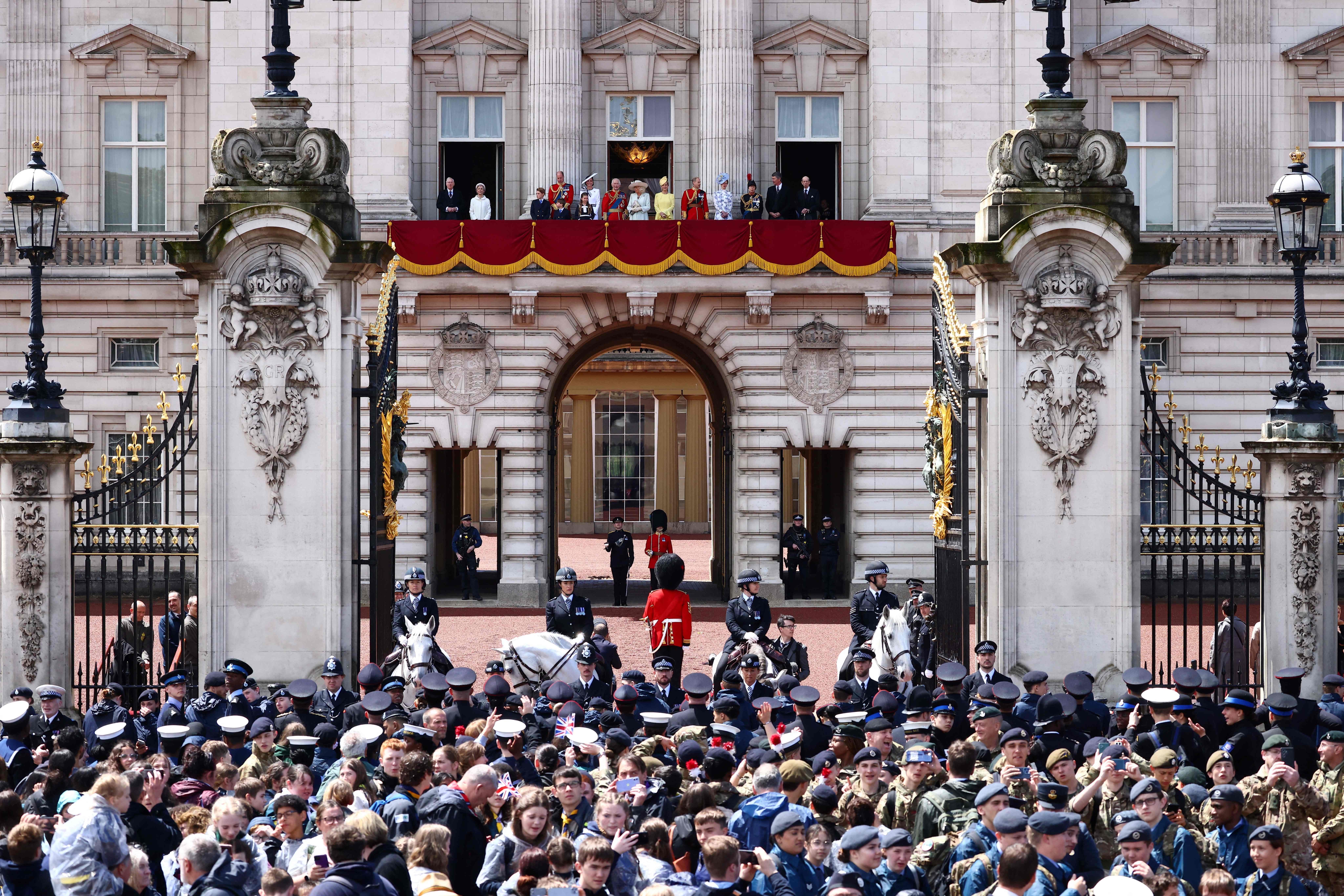(L-R) Britain's Prince Richard, Duke of Gloucester, Britain's Birgitte, Duchess of Gloucester, Britain's Prince George of Wales, Britain's Prince William, Prince of Wales, Britain's Prince Louis of Wales, Britain's Princess Charlotte of Wales, Britain's Catherine, Princess of Wales, Britain's King Charles III, Britain's Queen Camilla, Britain's Sophie, Duchess of Edinburgh, Britain's Prince Edward, Duke of Edinburgh, Britain's Lady Louise Windsor, Britain's Princess Anne, Princess Royal, Vice Admiral Timothy Laurence and Britain's Prince Edward, Duke of Kent, pose on the balcony of Buckingham Palace after attending the King's Birthday Parade "Trooping the Colour" in London on June 15, 2024. The ceremony of Trooping the Colour is believed to have first been performed during the reign of King Charles II. Since 1748, the Trooping of the Colour has marked the official birthday of the British Sovereign. Over 1500 parading soldiers and almost 300 horses take part in the event. (Photo by HENRY NICHOLLS / AFP)