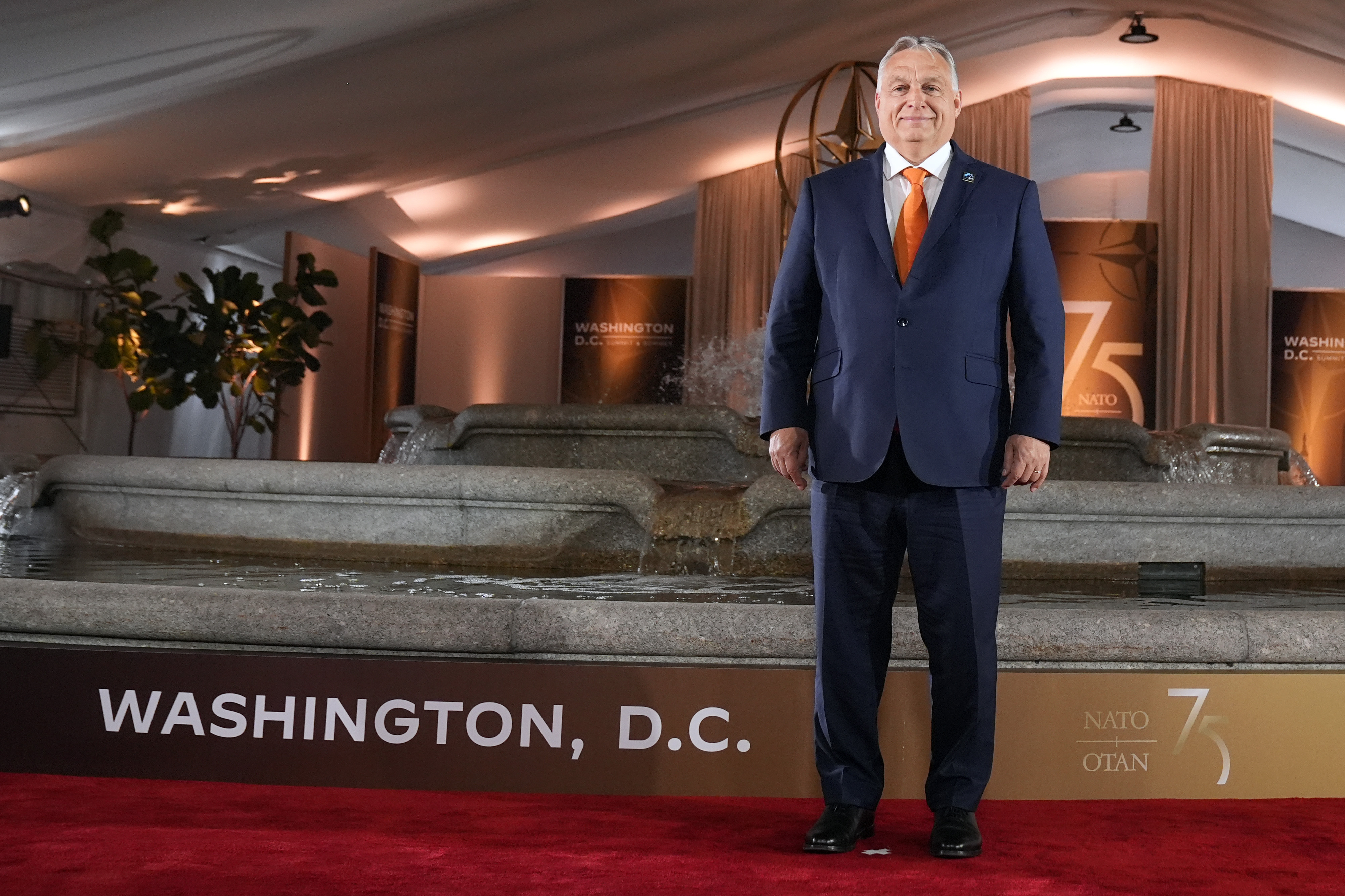 Hungary's Prime Minister Viktor Orban arrives at an event commemorating the 75th anniversary of NATO at the Andrew W. Mellon Auditorium at the NATO summit in Washington, Tuesday, July 9, 2024. (AP Photo/Mark Schiefelbein)