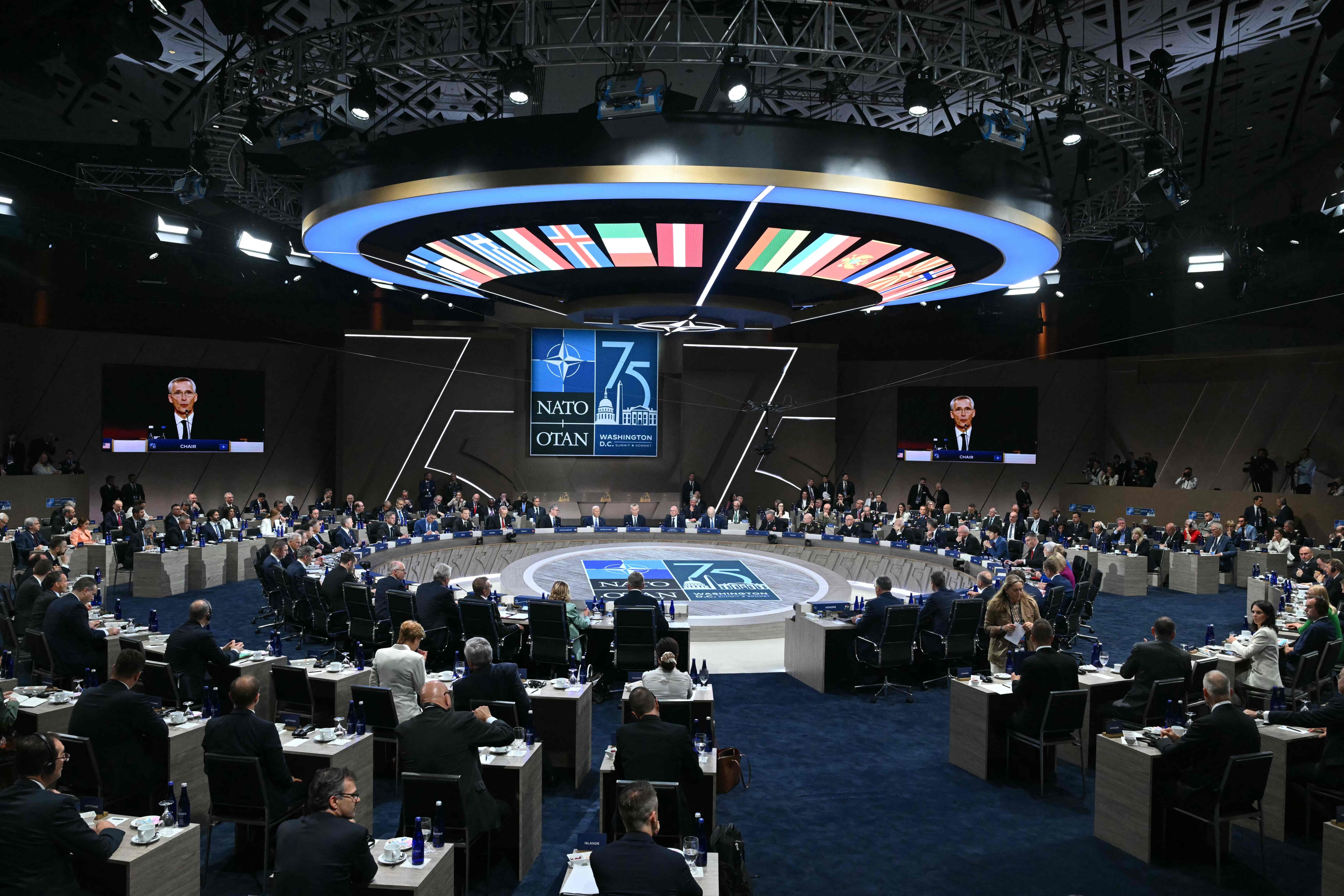 NATO Secretary General Jens Stoltenberg speaks during the meeting of the North Atlantic Council at the level of Heads of State and Government during the NATO 75th anniversary summit at the Walter E. Washington Convention Center in Washington, DC, on July 10, 2024. (Photo by SAUL LOEB / AFP)