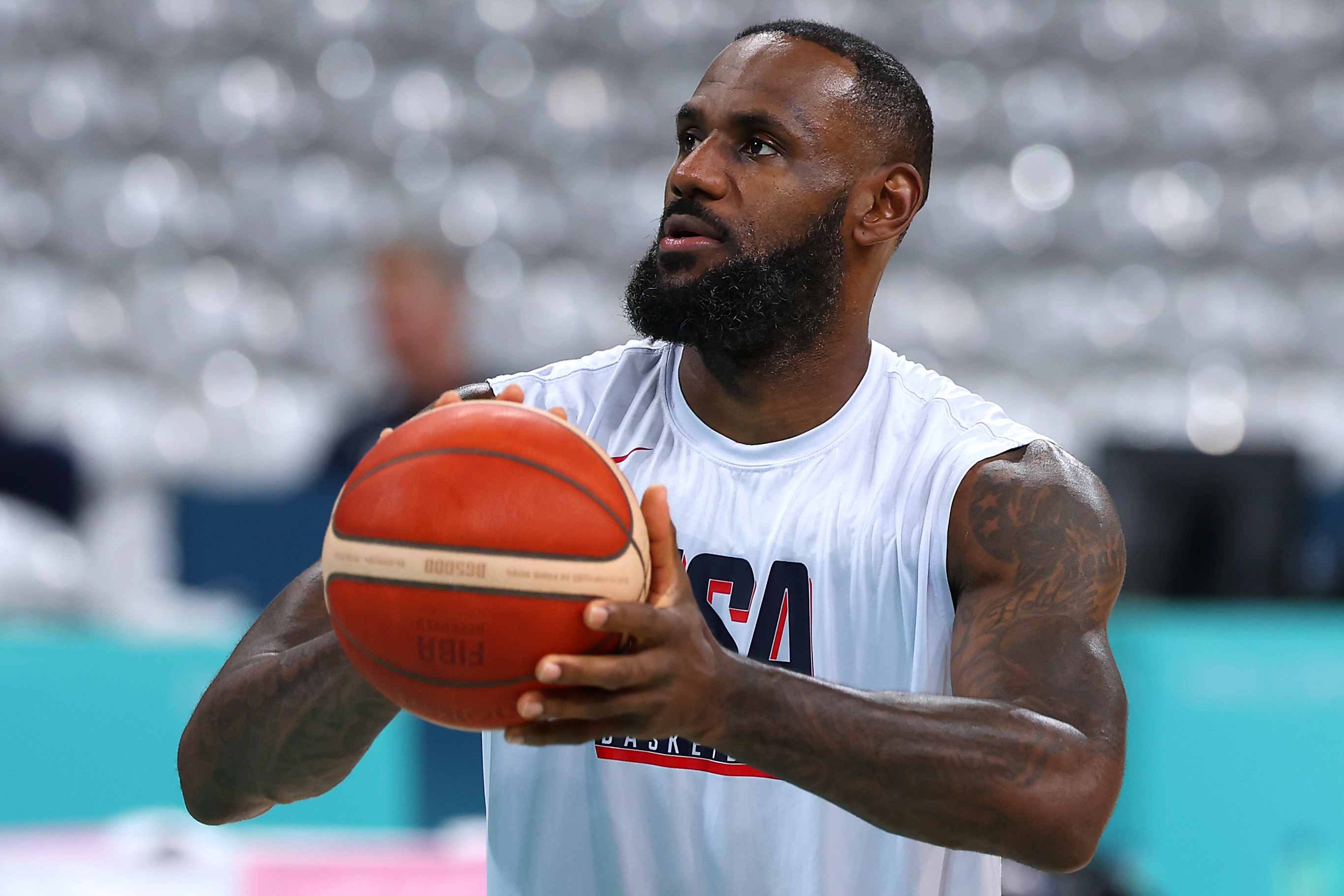 LILLE, FRANCE - JULY 24: LeBron James of Team United States trains during the Basketball training session ahead of the Paris 2024 Olympic Games on July 24, 2024 in Lille, France. (Photo by Gregory Shamus/Getty Images)