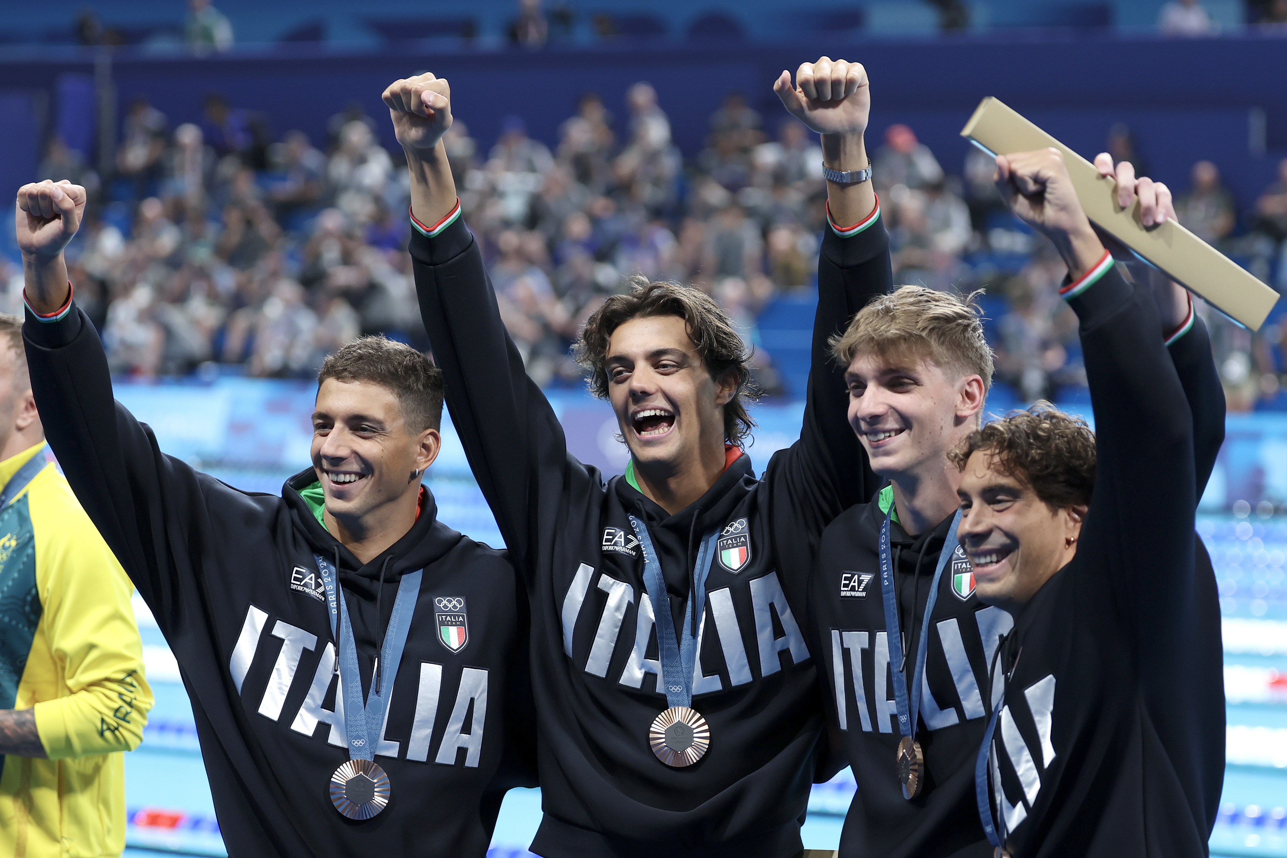 NANTERRE, FRANCE - JULY 27: Bronze Medalists, Alessandro Miressi, Thomas Ceccon, Paolo Conte Bonin and Manuel Frigo of Team Italy pose with their medals following the Medal Ceremony after the Men's 4x100m Freestyle Relay Final on day one of the Olympic Games Paris 2024 at Paris La Defense Arena on July 27, 2024 in Nanterre, France. (Photo by Al Bello/Getty Images)