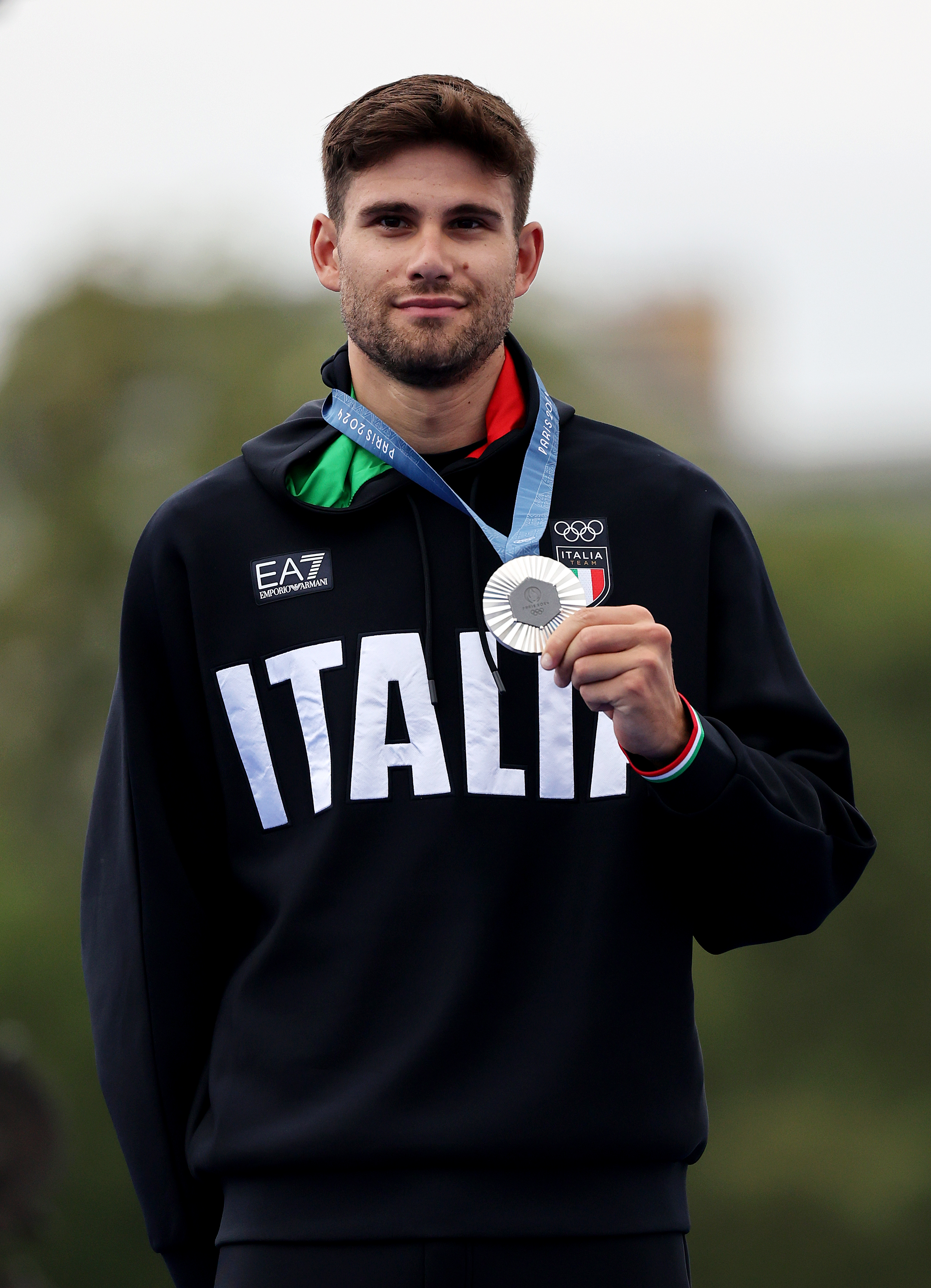 PARIS, FRANCE - JULY 27: Silver medalist Filippo Ganna of Team Italy poses on the podium at the Pont Alexandre III, during the Men's Individual Time Trial on day one of the Olympic Games Paris 2024 at Pont Alexandre III on July 27, 2024 in Paris, France. (Photo by Tim de Waele/Getty Images)