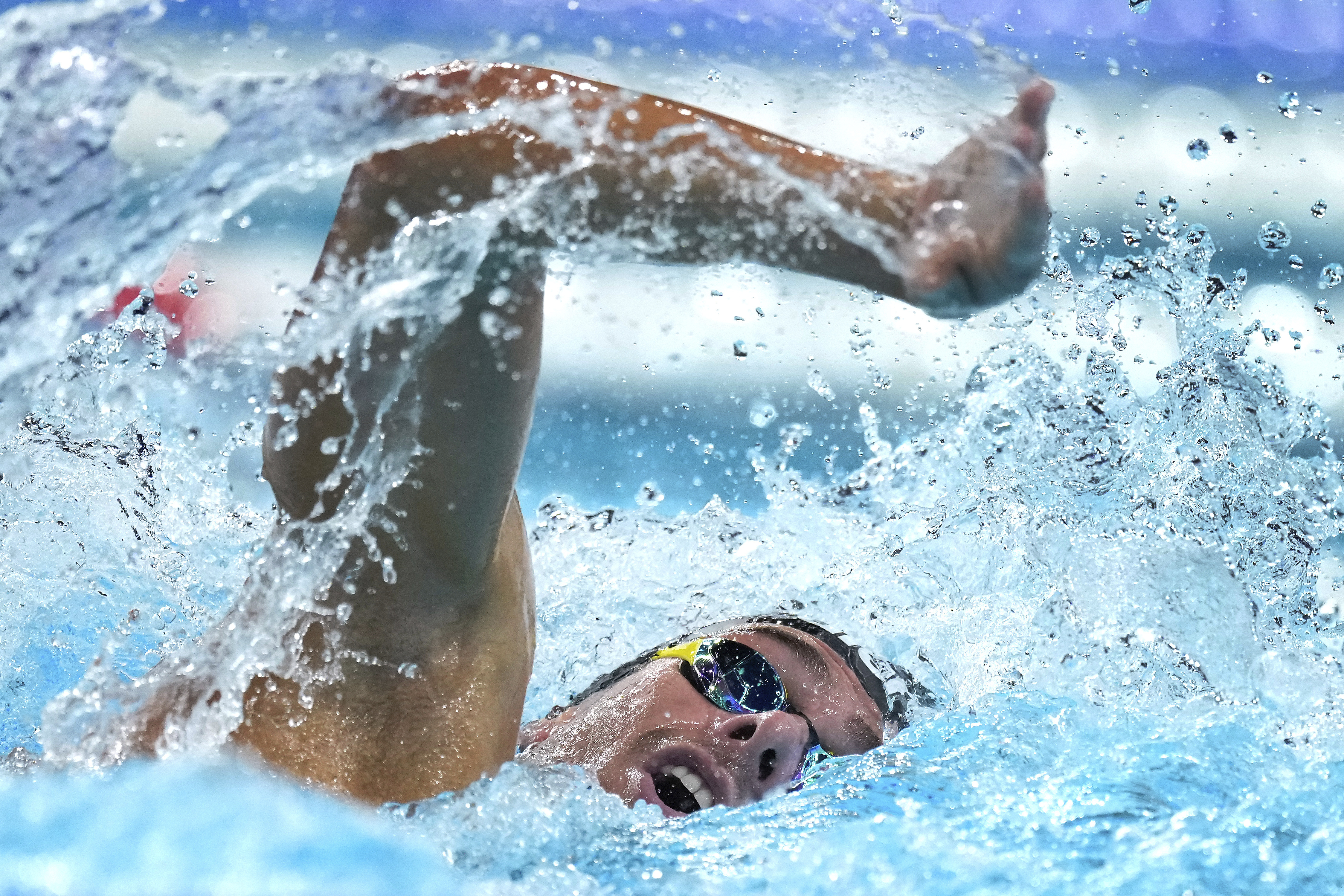 Italy's Gregorio Paltrinieri competes in a men's 1500-meter freestyle heat at the Summer Olympics in Nanterre, France, Saturday, Aug. 3, 2024. (AP Photo/Natacha Pisarenko)