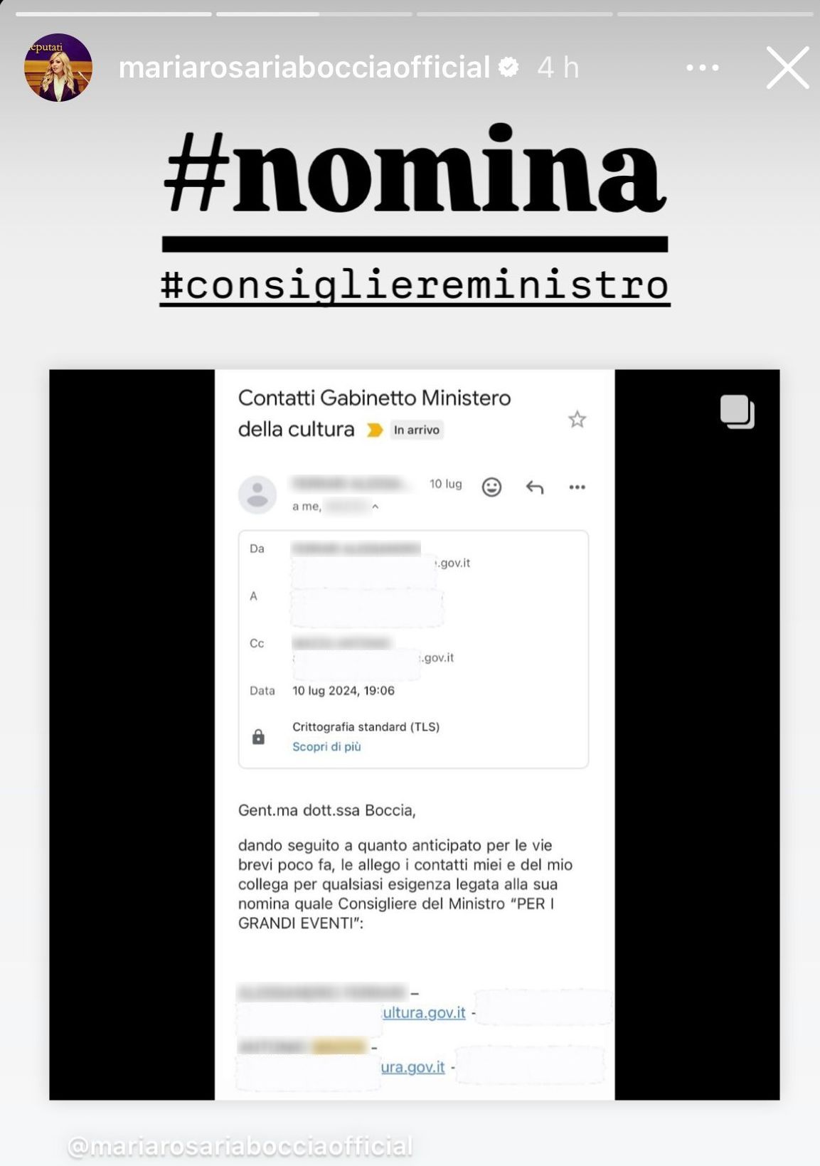 Boccia, le stories su Instagram contro Sangiuliano